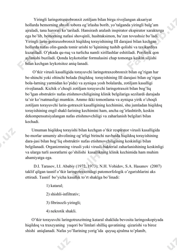 olik buzilishlar yanada kuchayadi. tana harorati me’yoriy yoki subfebril ko’rsatkichlargacha pasayadi. bemorda chuqur koma holati rivoj-lanishi, talvasalar kuzatilishi mumkin. kapillyarostaz va umumiy ko’karish belgilari paydo bo’ladi. yurak tonlari bo’g’iq, bradikardiyaga moyillik qayd etiladi. nafas ha-rakatlari tezlashgan, yuzaki yoki vaqti - vaqti bilan kuzatigan apnoe tufayli aritmik bo’ladi. o’pkada nafas shovqini zo’rg’a eshitiladi. oxir oqibat bemorda bo’g’ilish (asfiksiya) holati yuz beradi. bu bosqichda gipoksemiya va giperkapniya ko’rsat-kichlari eng yuqori ko’rsatkichlarga etadi, organizmda chuqur aralash atsidoz rivoj-lanadi. shifoxona sharoitida torayuvchi laringotraxeobronxit kechimining og’irlashishi respirator virusli infeksiyaga bakterial infeksiyani qo’shilishi natijasida rivojlangan yiringli jarayon bilan bog’liq bo’ladi. bakterial infeksiya bilan asoratlanish hollari ko’pincha gripp va aralash virusli kasaliklarda kuzatiladi. yiringli laringotraxeobronxit zotiljam bilan birga rivojlangan aksariyat hollarda bemorning ahvoli tobora og’irlasha borib, yo’talganda yiringli balg’am ajraladi, tana harorati ko’tariladi. hansirash aralash inspirator ekspirator xarakterga ega bo’lib, bemorning nafasi shovqinli, hushtaksimon, ba’zan tovushsiz bo’ladi. yiringli larin-gotraxeobronxit hiqildoq torayishining iii darajasi bilan kechgan hollarda nafas …