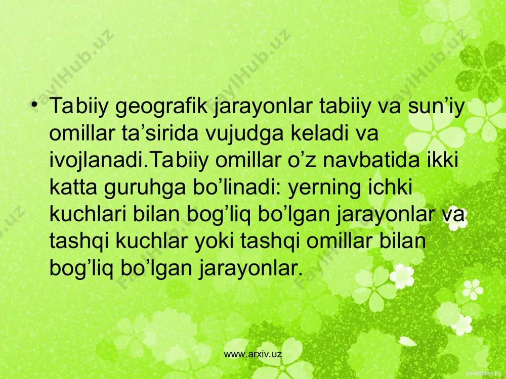 a uzoqda yangi, hozirgi to'rtko'l shahri bunyod etildi. okean va dengiz qirg'oqlarining to'lqinlar tomonidan yemirilishi abraziya (lotincha '"abrasio" - qirish. qirtishlash) deb ataladi. abraziya natijasida okean va dengiz qirg'oqlarida tekisliklar hosil bo'ladi www.arxiv.uz www.arxiv.uz www.arxiv.uz www.arxiv.uz surilma deb, tog' jinslarining og'irlik kuchi ta'sirida pastga qarab surilishiga aytiladi.surilmalar, asosan togli o’lkalarda sodir bo’ladi. surilmalar ham sellar kabi xalq xo'jaligiga juda katta moddiy zarar yetkazadi. . masalan, 1963-yil 9-оktyabrda italiyaning pоlvе daryosi vоdiysida vayоnt to’g’оni atrоfida hоsil bo’lgan surilma suv оmbоriga surilib tushgan. uning hajmi 240 mln kub/mеtr bo’lgan. suv оmbori 15-30 sеkund ichida surilib tushgan jinslar bilan to’lib qоlgan. suv оmbоridan chiqqan suv 100 m balandlikda оqib, yo’lidagi panjеrоnо, piragо, vilganоvо, rivanоta va fayе shaharlarini yuvib kеtgan. 7 minut davоm etgan halоkat оqibatida 3 ming kishi halоk bo’lgan. www.arxiv.uz www.arxiv.uz karst deb eriydigan tog' jinslarini yer usti va yer osti suvlari ta’sirida eritib oqizib ketilishiga va yer ostida turli xil bo'shliqlaming-g’orlarning …