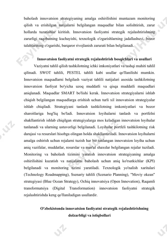 g qilishni o'z ichiga oladi. o'zbekiston respublikasida innovatsion faoliyatni strategik rejalashtirish davlat siyosatining muhim yo'nalishlaridan biri bo'lib, mamlakatning iqtisodiy o'sishini jadallashtirish va global innovatsion ekosistemaga integratsiyalashuviga xizmat qiladi. kelajakda davlat va xususiy sektor hamkorligini kuchaytirish, ilmiy ishlanmalarni tijoratlashtirishni takomillashtirish, xalqaro hamkorlikni chuqurlashtirish va raqamli texnologiyalarni keng joriy etish orqali o'zbekistonda innovatsion faoliyatni strategik rejalashtirish yanada samarali bo'lishi kutilmoqda.