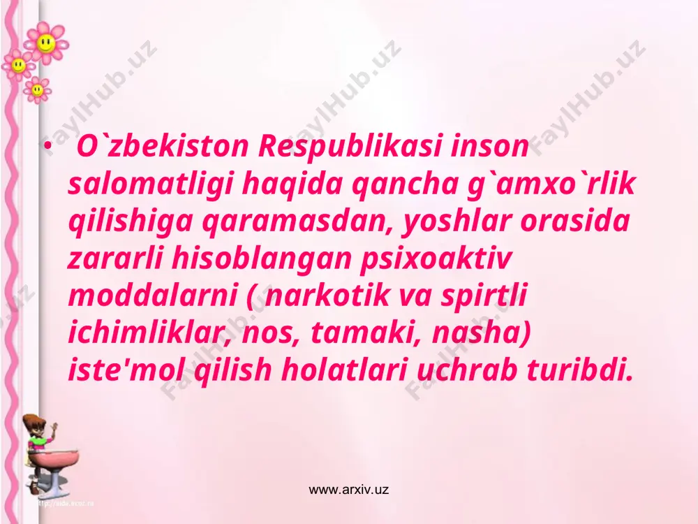 idan ortiq ta'minlanganligi va boshqa omillar sabab bo`lmoqda. www.arxiv.uz www.arxiv.uz ma'lumki, spirtli ichimliklarni ise'mol qilish, turli narkotik moddalarni chekish mamlakat taraqqiyotiga, inson kamolotiga salbiy ta'sir etadi. shuning uchun ichkilik va nashavandlikdan saqlanishga da'vat etiladi. spirtli ichimliklar insonning ma'nan va aqlan rivojlanishiga katta zarar yetkazadi. undan ortiqcha iste'mol qilgan kishi na oilasi uchun, na jamiyat uchun foyda keltiradi, balki ularga katta talafotlar keltiradi. kaykovus, yusuf xos xojib, beruniy, ibn sino, umar xayyom, sa'diy, alisher navoiy, bobur kabi donishmandlarimiz xam kilikbozlikning zararli oqibatlarini ko`satib, odamlarni unga ruju qo`yslikka davat etganlar. www.arxiv.uz www.arxiv.uz alisher navoiy ichuvchi kishi "yomon itdek odamlarga o`z-o`zidan hamla qiladi. uni shunchaki yomon it emas, qopadigan it desa ham bo`ladi. bunday odam or-nomus, urf-odat va mulozamatlarni unutadi, rahm-shafqat degan tushunchalaridan uzoqlashib ketadi, parishonxotir, nafosatsiz, didsiz bir maxluxluqqa aylanib qoladi", deganla kashandalik salomatlik uchun nihoyatda zararli odatlardan sanaladi. sigaret chekish natijasida uning tarkibidagi nikotin moddasi inson a'zolariga qo`zqatuvchi ta'sir ko`rsatib, qon …
