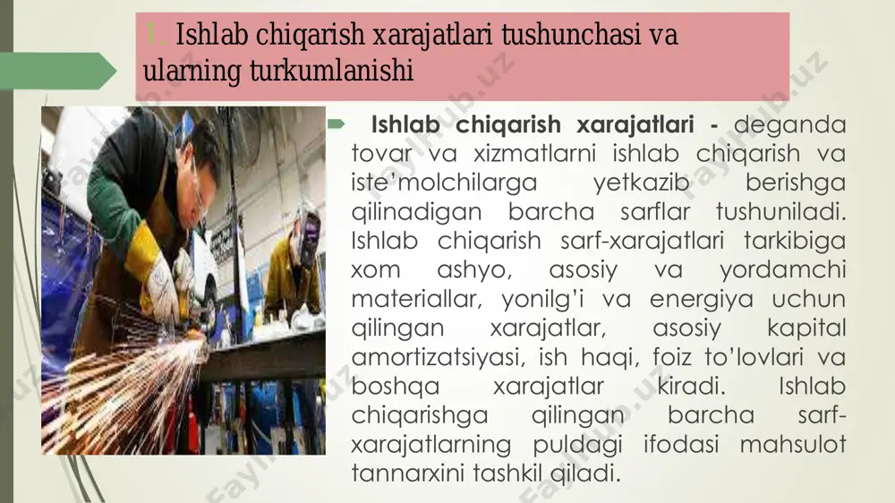 imcha bir birlikka (q) oshirgandagi o`zgaruvchan xarajatning o`sgan qismi  tvc ga teng. bu yerda chekli o‘zgarmas xarajat fc/q=0 bo‘lgani uchun, chekli xarajat chekli o‘zgaruvchan xarajat mvc ga teng. (mc=mvc). qisqa muddatli davr oralig‘ida alohida firmaning umumiy va o‘rtacha xarajatlari dinamikasi umumiy xarajat ko‘rsatkichlari o‘rtacha xarajat ko‘rsatkichlari ishlab chiqarilgan mahsulot birlikda(q) doimiy xarajatlar summasi (fc) o‘zgaruvchan xarajatlar summasi (vc) umumiy xarajat summasi (тc) o‘rtacha doimiy xarajatlar (аfc) o‘rtacha o‘zgaruvchan xarajatlar (аvc) o‘rtacha umumjy xarajatlar (атс) pirovard xarajatlar (мc) тc o`zg.; мc=q ni o`zg. 1 2=4-3 3=4-2 4=2+3 5=2:1 6=3:1 7=4:1 8=4ни ўзг: лўзг. 0 100 0 100 - - - - 1 100 90 190 100,00 90,00 190.00 100-190=90 2 100 170 270 50.00 85,00 135,0 190-270=80 3 100 240 340 33,33 80,00 113,33 70 4 100 300 400 25,00 75,00 100,00 60 5 100 370 470 20,00 74,00 94,00 70 6 100 450 550 16,67 75.00 91,00 80 7 …
