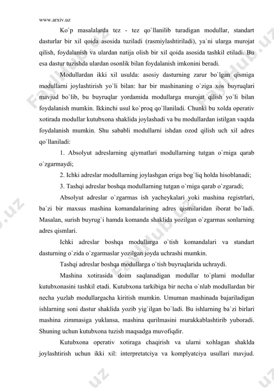 izim ishlaydi. ikkala usulda ham standart dasturlar kutubxonasiga, kutubxona katalogiga va boshqaruvchi dasturga murojat kilinadi. interpretatciya usulning afzalligi shundan iboratki, asosiy yoki modul dasturlar hajmi jixatdan katta bo`lganda xotiradan bemalol foydalanish mumkin. kompilyatciya usulidan esa barcha modullar va asosiy dastur operativ xotiraga joylashgan vaqtda foydalaniladi. komplyatciya usuli bilan ishlaganda kutubxonadan barcha kerakli modullar operativ xotiraga chaqirib, jamlab qo`yiladi va dastur ishlaganda operativ xotiradagi modullardan avtomatik ravishda foydalaniladi. kam vaqt sarflash bu usulning afzalligi, operativ xotiraning ko`p sarflanishi esa kamchiligi hisoblanadi. adabiyotlar: 1. van tassel d. stil, razrabotka, effektivnost, otladka i ispыtanie programm. m. , mir, 1991. 2. linger r. , teoriya i praktika strukturnogo programmirovaniya m. , mir, 1985. 3. v. v. lipaev. “proektirovanie programmnыx sredstv”, m. :”vsh”, 1991. 4. foks dj. “programmnoe obespechenie i ego razrabotka”. per. s angl. m. : mir, 1985. 5. www.ziyonet.uz 6. www.tuit.uz