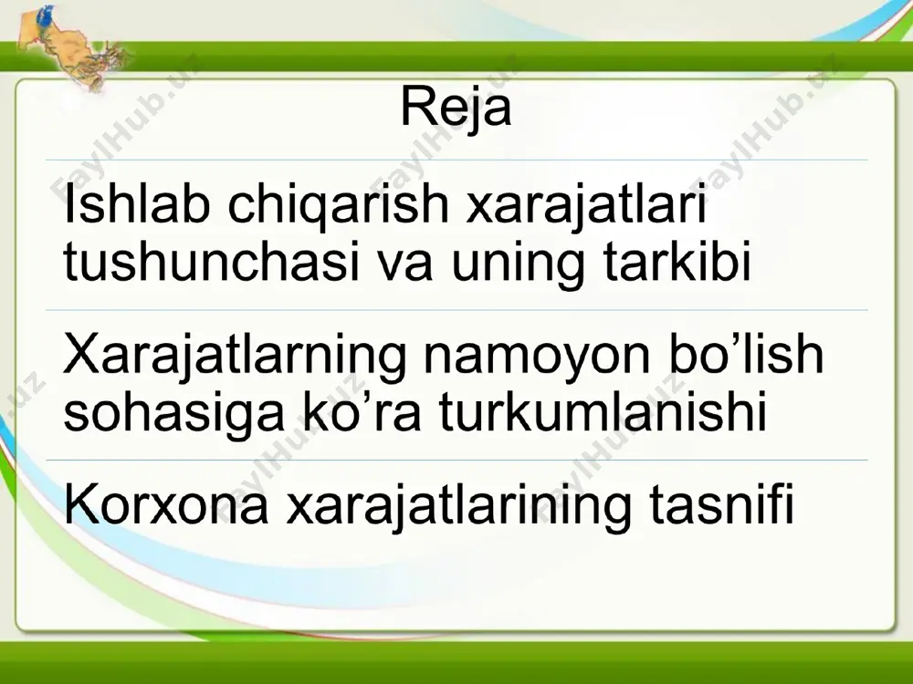 di. shunga ko’ra, tadbirkor (yoki resurs egasi) mazkur resursni eng yuqori darajada naf keltiruvchi yo’nalishga sarflashga harakat qiladi. iqtisodiy resurslarni eng yuqori naf olish maqsadida boshqa muqobil yo’nalishlarda ishlatilishiga yo’l qo’ymay o’ziga jalb etish uchun to’lov iqtisodiy yoki zimmasiga tushuvchi xarajat deb ataladi. ishlab chiqarish hajmining o’zgarishiga ta’siriga qarab xarajatlarni turkumlash. ishlab chiqarish hajmining o’zgarishiga (qisqarishi yoki ortishiga) ta’sir qilmaydigan xarajatlar doimiy xarajatlar deyiladi. doimiy xarajatlar (fc) ishlab chiqarish hajmining o’sishiga bevosita ta’sir etmaydi va ishlab chiqarishning har qanday, hatto nolinchi hajmida ham mavjud bo’ladi. bunga korxonaning to’lov majburiyatlari (zayomlar bo’yicha foiz va boshqa), soliqlar (ishlab chiqarish hajmiga bog`liq bo’lmagan turlari), amortizastiya ajratmalari, ijara haqi, qo’riqlash xizmatiga to’lov, uskunalarga xizmat ko’rsatish sarflari, boshqaruv xodimlari maoshi va shu kabilar kiradi. o’zgaruvchi xarajatlar (vc) deb ishlab chiqarish hajmining o’zgarishiga ta’sir qiladigan xarajatlarga aytiladi. unga xom ashyo, material, yonilg`i-transport xizmati, ishchilar ish haqi va shu kabilarga qilinadigan sarflar kiradi. ishlab chiqarishning har bir …