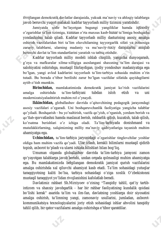 ’lsa, ikkinchi tomondan o’quv yurtining zamonaviy texnologiyalar bilan ta’minlanganligiga bog’liq. kasb-hunar kolleji muhandis-pedagog xodimlari oldiga tayyorlanayotgan ishchi kadrlarga ilmiy dunyoqarashni, mehnatga ijodiy munosabatini tarkib toptirish ularda yuksak mehnat intizomini va madaniyatini, jamoa oldida burch his-tuyg’ularini tarbiyalash kabi vazifalarni qo’yadi. milliy dasturning asosiy maqsadi: ta’lim sohasini tubdan isloh qilish, uni o’tmishdan qolgan mafkuraviy qarashlar va sarqitlardan to’la halos etish, rivojlangan demokratik davlatlar darajasida, yuksak ma’naviy va ahloqiy talablarga javob beruvchi yuqori malakali kadrlar tayyorlash milliy tizimini yaratishdir. jamiyatda sodir bo’layotgan bugungi yangiliklar hamda iqtisodiy o’zgarishlar ta’lim tizimiga, xususan o’rta maxsus kasb-hunar ta’limiga boshqacha yondashishni talab qiladi. kadrlar tayyorlash milliy dasturining asosiy amalga oshirish vazifalaridan biri ta’lim oluvchilarning tayyorgarlik sifati va ixtisosiga zaruriy talablarni, ularning madaniy va ma’naviy-ruxiy darajalarini aniqlab beruvchi davlat ta’lim standartlarini yaratish va tatbiq etishdir. kadrlar tayyorlash milliy modeli ishlab chiqilib, yangicha dunyoqarash, g’oya va mafkuralar xilma-xilligiga asoslangani shaxsning ta’lim darajasi va salohiyatini oshirishga, mustaqil fikrlaydigan, ijodiy yondoshuv madaniyatiga …