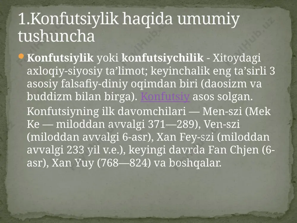 a ekanligi, inson kamolotida tabiiy-ijtimoiy muhit hal qiluvchi omilligini tushuntirib berishga harakat qildilar.konfutsiychilikda ta‘kidlanishicha, qonun inson manfaatlariga xizmat qilmog’i lozim.xitoyda asrlar maboynida konfutsiychilikning turli maktablari yuzaga kelgan. umuman, konfutsiy g’oyaviy-axloqiy, ma‘rifiy va anglash, bilish haqidagi qarashlari ilg’or fikrlilar tomonidan davom ettirildi, xitoy madaniyatiga muhim hissa bo’lib qo’shildi. konfutsiylikning asosiy g'oyasi konfutsiylik kitobi konfutsiy haykali u va uning izdoshlari jamiyatning parchalanib ketishidan bezovta bo‘lganliklari sababli asosiy e’tiborni insonni o‘z atrofdagilarga va jamiyatga nisbatan hurmat ruhida tarbiyalashga qaratdilar. shaxs o‘zi uchun emas, balki jamiyat uchun shaxsdir. konfutsiychilik axloqi insonni uning ijtimoiy vazifasi bilan bog‘liq ravishda tushunadi, ta’lim va tarbiyani esa, insonni ana shu vazifasini bajarishga olib keladigan narsa sifatida idrok qiladi. konfutsiychilik sharq xalqlari ongida shunday axloqiy me’yorlarni shakllantirdiki, bu - insonparvarlik, burchga sodiqlik, tavfiqlilik, aqlga muvofiqlik, haqiqatgo‘ylikdir. shuningdek, konfutsiychilik besh aloqa qoidasini, ya’ni jamiyatdagi munosabatlar tizimini ham ishlab chiqdi - bular davlat bilan fuqarolar o‘rtasidagi, ota-onalar bilan bolalar, yer va xotin, …