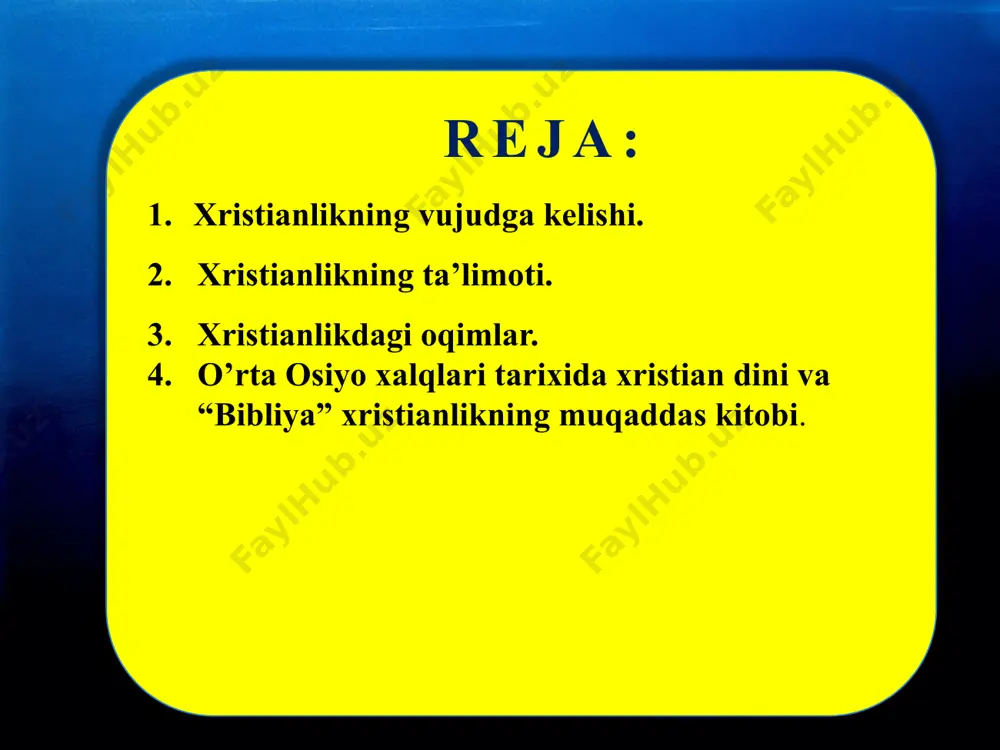 ing janubiy qismida va osiyo qit’asining sharqiy qismida tarqalgan. xristianlik eramizning boshida rim imperiyasining sharqiy qismida falastin yerlarida vujudga keldi. iso masih (iisus xristos) bibliyaning habar berishiga ko’ra, xristianlik ta’limotining asoschisi bo’lib, u rim imperiyasi tashkil topganing 747-yili falastinning nazaret qishlog’ida bokira qiz mariyamdan hudoning amri bilan dunyoga keldi. yangi eraning boshlanishi ham iso masihning dunyoga kelishi bilan bog’liq. 7 eramizning boshlarida yahudiylar hokimyatning uch tabaqasi bilan bog’liq og’ir tushkunlikni boshdan kechirar edilar. bir tomondan rim imperatori va uning joylardagi noiblari, ikkinchi tomondan falastin podshohi irod antipa, uchunchi tomondan esa ruhoniylar xalqni turli soliqlar va majburyatlar bilan ko’mib tashlagan edilar. xuddi shu davrda yahudiylar o’rtasida kutilayotgan xaloskorning kelishi yaqinlashib qolganligi haqida xabar tarqatuvchilar paydo bo’ldi. ular xalqni kutilayotgan xaloskor kelishiga tayyorlash uchun chiqqan edilar. shunda iso masih yahudiylikni isloh qilish va uni turli hurofatlardan tozalash g’oyasi bilan chiqib, xristian diniga asos soldi. yaxudiylar uni va uning izdoshlarini falastindan quvg’in qildilar. …