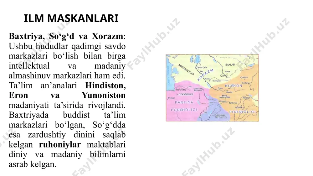 lanishlarning uyg‘unlashgan shakli bo‘lib, bu hududda islom davridagi intellektual rivojlanish uchun mustahkam poydevor yaratgan. arablar davrida ta’lim tizimi. arablar davrida, xususan, 8-13-asrlarda, markaziy osiyoda ta'lim tizimi katta o'zgarishlar va rivojlanishlarni boshdan kechirdi. islom dini markaziy osiyoga kirib kelishi bilan ilmiy va diniy ta'limning asosiy yo'nalishlari shakllandi. ta'limga bo'lgan qiziqish va ilm-fan rivojlandi, ilmiy markazlar va madrasalar tashkil etildi. quyida arablar davrida ta'lim tizimiga oid muhim faktlar va misollarni keltiraman. asosiy ta'lim markazlari buxoro: buxoro islom ta'limining eng muhim markazlaridan biriga aylandi. mir-i arab madrasasi (16-asrda qurilgan bo'lsa-da, arab davrining ilmiy an'analari asosida) buxorodagi eng mashhur diniy o'quv maskanlaridan biri bo'lib, al-buxoriy va al-tirmiziy kabi mashhur hadis olimlari shu yerda ilm o‘rgangan. buxoro o'z zamonida "umm al-ulama" (olimlarning onasi) deb atalgan, bu shaharning ilmiy salohiyatini anglatadi. samarqand: samarqand samanidlar davrida (9-10-asrlar) ilm-fan va madaniyat markazi sifatida rivojlandi. samarqandda al-farobi va ibn sino (avitsenna) kabi mashhur olimlar ilmiy faoliyat olib borganlar. samarqanddagi …