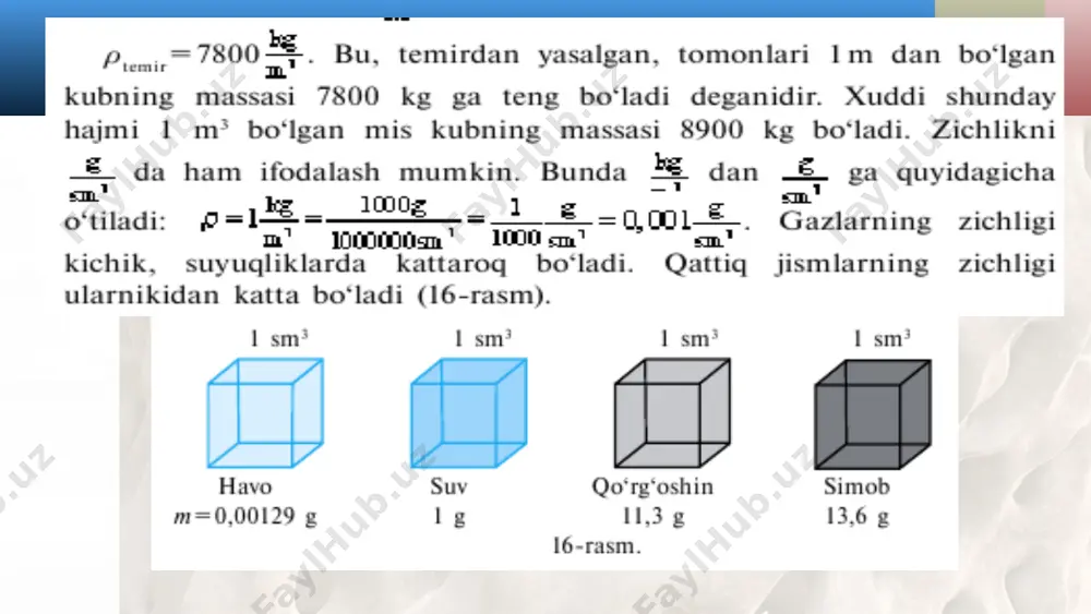 zichlik va uning birliklari. beruniy va hozinning zichlikni aniqlash usullari 6-sinf - Page 5