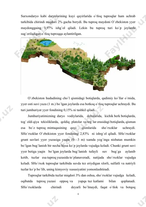 tuproqlar tarkibida chirindi miqdori 1— 1,3% ni tashkil etadi. lekin o`tloq-voha tuproqlari ming yillab sug`orlib, ishlov berilib, har xil o`g`itlar solinishi natijasida o`zining tabiiy xususiyatlarini o`zgartirib, madaniy voha tuprog`iga aylangan. shu sababli madaniylashgan (agroqatlam) qatlam 2—3 metrga yyetadi. bu agrar qatlam orasida xar xil sopol idishlar qoldig`i, g`isht, ko`mir, suyak va boshka qoldiklar uchraydi. o`tloq-voxa tuprog`i ba`zi joylarda noto`g`ri agrotexnik usullarni qo`llanishi tufayli sho`rlashgan, binobarin, ulardan yuqori xosil olish uchun sho`rini yuvib turish kerak. o`zbekiston tog`li qismida relefning balandlashuvi tufayli havo harorati pasaya boradi, aksincha, yog`in miqdori ortadi, oqibatda, cho`lga xos o`simlik turlari o`zgarib, o`z o`rnini har-xil o`tlarga, buta va o`rmonlarga, tog`larning yuqori kismida esa o`tloqlarga bo`shatib beradi. binobarin, landshaftning balandlik mintaqalanishi vujudga kelib, uning bir unsuri hisoblangan tuproq turlari xam yuqoriga ko`tarilgan sari o`zgarib, uchta mintaqasini hosil qiladi: bo`z tuproqli adir mintaqasi:tog`-jigar rang va qo`ng`ir tog`o`rmon mintaqasi va och tusli ko`ng`ir o`tloq baland tog` (yaylov) mintaqasi. o`zbekistonning adir, qismida …