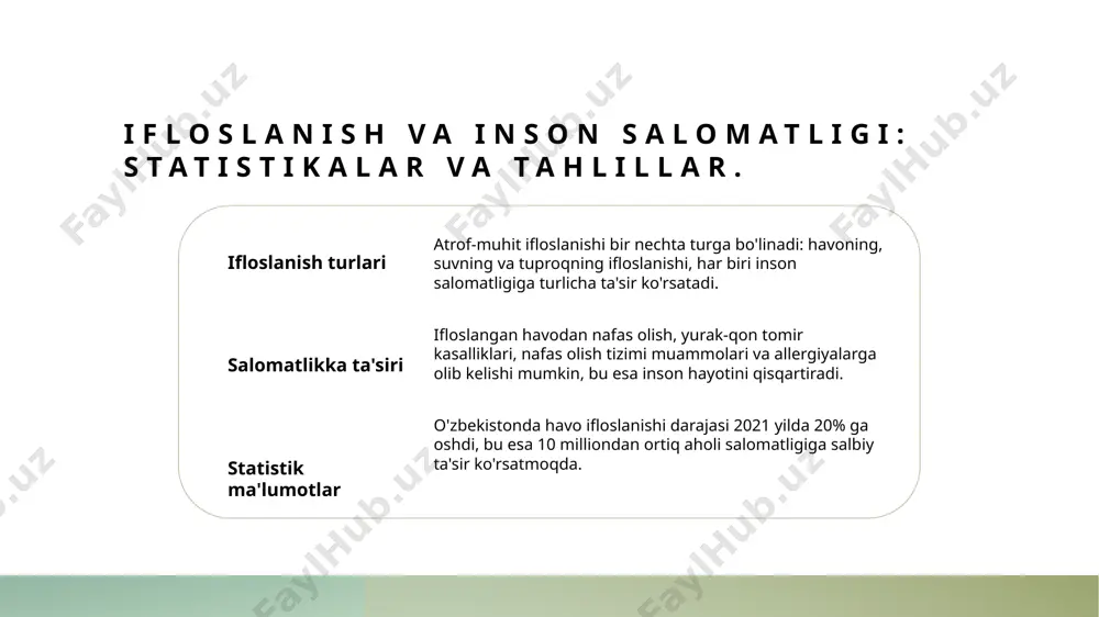 jiddiy oqibatlarga olib kelmoqda. 3 rivojlanish istiqbollari ekologik siyosatni yanada rivojlantirish uchun o'zbekistonda xalqaro hamkorlikni kuchaytirish, yangi texnologiyalarni joriy etish va jamoatchilikni jalb etish zarur. xulosa 1 atrof-muhit muhimligi atrof-muhit ifloslanishi global muammo bo'lib, uning inson salomatligi va ekotizimga salbiy ta'siri kuchaymoqda. foydalanayotgan resurslarimizni oqilona boshqarish zarur. 2 ijtimoiy javobgarlik har bir inson atrof-muhitni muhofaza qilishda o'z hissasini qo'shishi kerak. xalqaro tajribalar ko'rsatadi, faqat birgalikda harakat qilish orqali muvaffaqiyatga erishish mumkin. 3 kelajak uchun strategiyalar ekologik siyosatni mustahkamlash va havo sifatini yaxshilash uchun zamonaviy texnologiyalarni joriy qilish zarur. bu jarayon davomida barqaror rivojlanish maqsadlari ko'zda tutilishi kerak. e'tiboringiz uchun rahmat! /docprops/thumbnail.jpeg