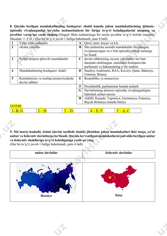 va federativ shakllariga to‘g‘ri keladiganiga yozib qo‘ying. (har bir to‘g‘ri javob 1 ballga baholanadi, jami 4 ball) unitar davlatlar federativ davlatlar rossiya xitoy o‘zbekiston aqsh javob: unitar davlatlar federativ davlatlar o‘zbekiston, xitoy rossiya, aqsh 10. quyida berilgan rasmlarni jadvalda ko‘rsatilgan global ekologik muammolarga to‘g‘ri keladiganlarini ajratib oling. (har bir to‘g‘ri javob 1 ballga baholanadi, jami 13 ball) issiqxona samarasi, global isish ozon qatlamining yemirilishi (ozon tuynuklari) cho‘llashish muammosi o‘rmonsizlanish chuchuk suv tanqisligi javob 1,6,8 2,4,12,13 9,11 3,10 5,7 1 2 3 4 5 6 7 8 9 10 11 12 f, cl, c 13 image7.jpeg image8.png image9.png image10.jpeg image11.jpeg image12.jpeg image13.jpeg image14.jpeg image15.jpeg image16.png image17.jpeg image18.png image19.png image20.jpeg image21.jpeg image1.jpeg image2.jpeg image3.jpeg image4.png image5.png image6.jpeg