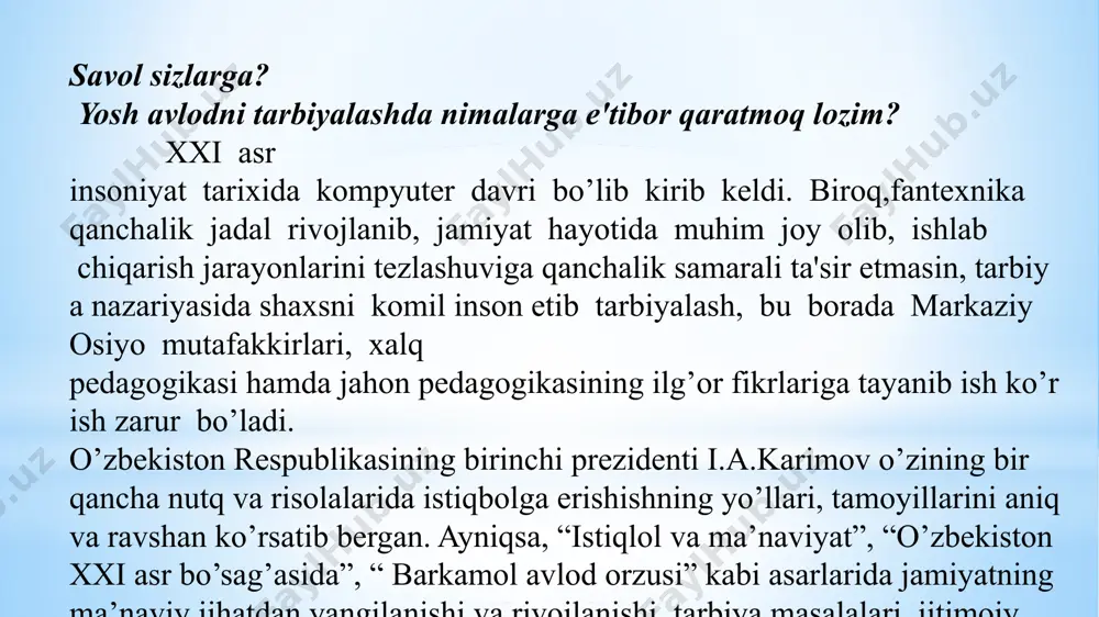 m olib, bilimdon bo’ladi, chinakam insoniy go`zallikka erishadi. demak biz oilada farzand tarbiyasiga e’tiborsizlik ichki tahdidini mazmun mohiyati, uning inson, xalq, millat uchun ayanchli oqibatlari to‘g‘risida aholi orasida keng ko‘lamdagi maqsadli va manzilli profilaktika tadbirlarni olib borishimiz maqsadga muvofiq. zero, buyuk olim imom g‘azzoliy aytganidek “bolalar ota-onalariga berilgan bir omonatdir. bolaning qalbi har qanday naqshu tasvirdan xoli bir qimmatbaho gavhardir. u qanday naqsh solinsa, qabul qiladi, qayoqqa bukilsa, egiladi. agar yaxshilikka o‘rgatilsa, shu bilan o‘sadi va shu asosda kamolot va saodatga erishadi. uning sa­vobiga ota-onasi ham, har bir muallimu ustozlari ham sherik bo‘ladilar. agar yomonlikka odatlantirilsa, hayvonlardek o‘z holiga tashlab qo‘yilsa, oxir-oqibat halok bo‘ladi. gunohi esa uning tarbiyasi uchun javobgar bo‘lganlarning gardaniga tushadi”. tarbiya masalalariga e’tiborsiz qaralgan vaziyatda yuzaga keladigan ko‘ngilsizliklar ham, u keltirib chiqaradigan zararli oqibatlar ham barchamizni ogohlikka da’vat qilmog‘i lozim. ammo bugun qaysidir davrada shu haqda fikr bildirilsa aksariyat ota-onalarda masalaga daxldorlik bilan emas, aksincha o‘z loqaydliklarini …