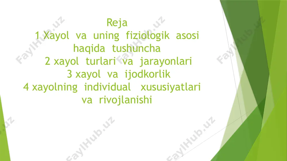 tizimlashlashtirish- oxshatish orqali ayrim tasavurlarni ular orasidagi farqlarni silliqlash, har davr uchun tipik obrazni yaratish tushiniladi ijod barcha psixik jarayonlar, shuningdek xayol bilan uzviy boglangan, ijodkorlik psixologiyasi uning aniq turlari kashfiyotchilik, ilmiy, adabiy, badiiy va h.k ingiliz olimi g.uolles ijodiy jarayonni tadqiq etishga kirishdi 1 tayyorgarlik 2 etilish 3 birdan eslash 4 tekshirish xayolning individual xususiyatlari odam xayolining rivojlanish darajasi va koproq foydalaniladigan obrazlar tipiga kora tafovutlanadi bir xil odamlar xayollarining ota yorqinligi yozuvchi, rassom,da korishimiz mumkin xayol va ijodkorlik dastlab bolalarning nutqi chiqishi bilan bogliq /docprops/thumbnail.jpeg