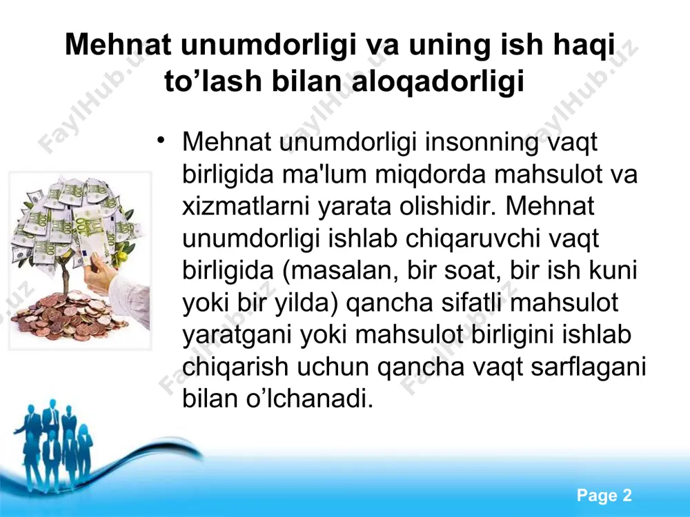 ng yaxshilanishi, xodim malakasini oshishi, fanning rivojlanishi va uni yutuqlarini ishlab chiqarishda qo’llash tufayli oshib boradi, ya'ni mеhnat unumdorligi oshishiga amalda chеklanishlar bo’lmaydi. umuman olganda mеhnat unumdorligi jonli mеhnat sarflari birligiga to’g’ri kеladigan mahsulot miqdorini anglatadi. free powerpoint templates page * korxonalarda mеhnat unumdorligini oshishi quyidagi tarzda sodir bo’ladi: - vaqt birligi mobaynida yaratiladigan mahsulotning sifati o’zgarmagan holda hajmi oshishi; - vaqt birligi mobaynida yaratiladigan mahsulotning hajmi o’zgarmagan holda sifat oshishi; - ishlab chiqariladigan mahsulot birligiga mеhnat sarflarining qisqartirishi; - mahsulot tannarxida mеhnat sarflari ulushi kamayishi; - tovarlar ishlab chiqarilishi va aylanishi vaqti qisqarishi; - foyda massasi va mе'yori oshishi tarzida namoyon bo’ladi. free powerpoint templates page * mеhnat unumdorligiga ta'sir etuvchi omillarni uchga bo’lish mumkin: 1. ishlab chiqarishning tеxnika-tеxnologiya darajasi. tеxnika qanchalik mukammal bo’lsa, mеhnat unumdorligi ham shunchalik yuqori bo’ladi. 2. shaxsiy insoniy omilning sifati. agar ishlovchilarning bilim darajasi ish malakasi va tajribasi yuqori bo’lsa, unumdorlik ortadi yoki aksincha. …