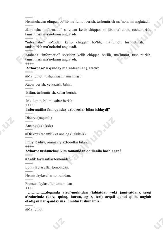 rot ==== bilim ==== tushuncha ++++ ikki yoki undan ko‘p shaxslar o‘rtasida kechadigan suhbat yoki muloqot nima deyiladi? ==== suhbatlashish ==== monologik suhbat ==== #dialogik suhbat ==== axborot ++++ dialogik matnlar asosan, qayerlarda ko‘p qo‘llaniladi? ==== #badiiy asarlar, pyesalar va kinofilmlarda. ==== rasmiy idoraviy uslublarda. ==== ilmiy uslubda. ==== axborot almashish jarayonida. ++++ axborotlarning vazifasi bo‘yicha turlarini belgilang. ==== 2 turga ==== 3 turga ==== #4 turga ==== 5 turga ++++ axborotning vazifasi bo‘yicha nomlari to‘g‘ri ko‘rsatilgan qatorni belgilang? ==== #ommaviy, maxsus, maxfiy, shaxsiy ==== ommaviy, axborot, ma’lumot. ==== bilim, maxfiy, shaxsiy, ma’lumot. ==== axborot, ma’lumot, bilim ++++ axborotning eng asosiy hususiyati bu…………….? ==== ma’nosi, mazmuni. ==== #ma’lumotlar, bilim ==== tafakkur va bilim ==== mazmuni va tuzilishi ++++ agar axborot kimningdir fikri yoki mulohazasiga bog‘liq bo‘lmasa, bu axborot nima hisoblanadi? ==== #ob’ektiv axborot ==== subyektiv axborot ==== diologik axborot ==== monologik axborot ++++ nutq (til) bo‘yicha reja turlari nechiga bo‘linadi? …