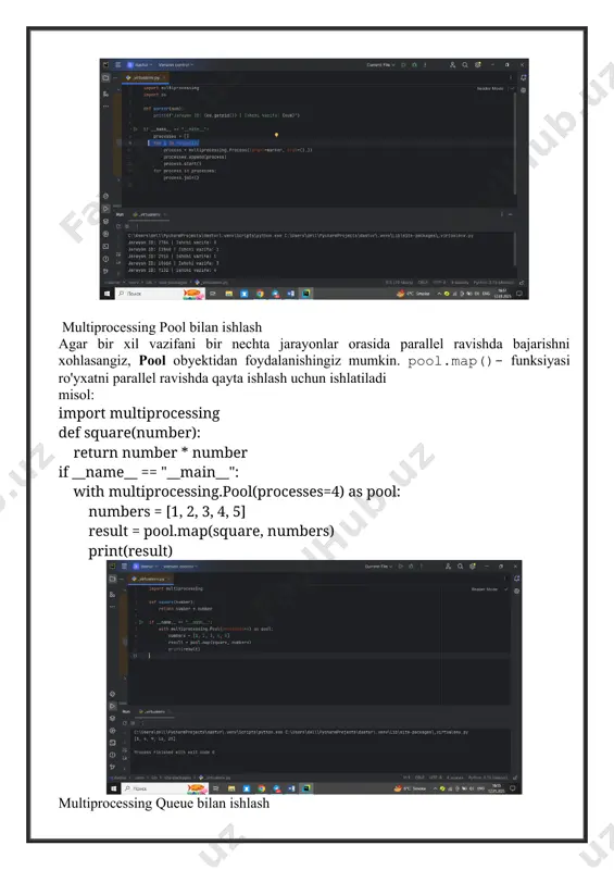 r_process.start() producer_process.join() queue.put(none) consumer_process.join() natija: muammolar va sinxronlash: multiprocessing jarayonlari bir-biridan mustaqil ishlaydi, shuning uchun resurslar (masalan, fayl tizimi yoki ma'lumotlar bazasi) bilan ishlashda sinxronizatsiya (masalan, lock yoki semaphore) talab qilinishi mumkin. lock()- yordamida jarayonlar o'rtasida kritik bo'limga bir vaqtning o'zida kirish cheklangan. misol: import multiprocessing import time def critical_section(lock, num): with lock: print(f"jarayon {num} kritik bo'limda ishlayapti") time.sleep(1) if __name__ == "__main__": lock = multiprocessing.lock() processes = [] for i in range(5): process = multiprocessing.process(target=critical_section, args=(lock, i)) processes.append(process) process.start() for process in processes: process.join() jarayonlar o'rtasida ma'lumot uzatish multiprocessing moduli jarayonlar o'rtasida ma'lumot uzatishni ta'minlash uchun bir nechta vositalarni taqdim etadi. queue, pipe, va value/array kabi obyektlar jarayonlar o'rtasida ma'lumot almashish imkonini beradi. queue(): jarayonlar o'rtasida ma'lumotlar uzatish uchun ishlatiladi pipe(): jarayonlar o'rtasida ikki tomonlama aloqa o'rnatish imkonini beradi. misol: import multiprocessing import time def producer(queue): for i in range(5): time.sleep(1) print(f"prodyuser {i} ni qo'shdi") queue.put(i) def consumer(queue): while …
