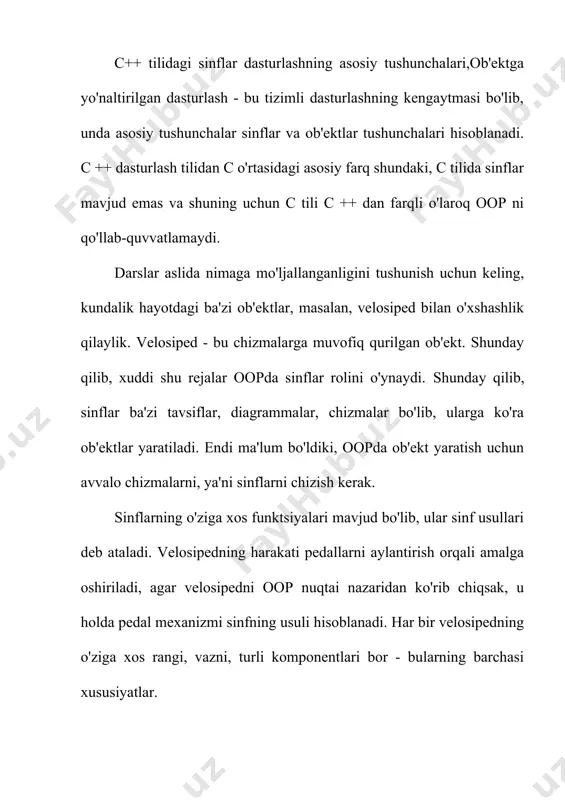 darhol qaror qabul qilish va unga rioya qilishga harakat qilish yaxshiroqdir. keling, dasturni ishlab chiqaylik, unda biz eng oddiy sinfni e'lon qilamiz, unda bitta funktsiya xabarni chop etadi. 1 2 3 4 5 6 7 8 9 10 11 12 13 14 15 16 17 18 19 20 21 22 #include "stdafx.h" #include using namespace std; class cppstudio { public: void message() { cout using namespace std; class cppstudio { private: int day, month, year; public: void message() { cout > day; cout > month; cout > year; cppstudio objcppstudio; objcppstudio.message(); objcppstudio.setdate(day, month, year); objcppstudio.getdate(); system("pause"); return 0; } sinf ta'rifida yangi kirish spetsifikatsiyasi paydo bo'ldixususiy, satr 9. ushbu kirish spesifikacisi undan keyin va kirish spesifikacisi boshlanishidan oldin e'lon qilingan o'zgaruvchilarga kirishni cheklaydi.ommaviy, satrlar 9 - 12. shunday qilib, o'zgaruvchilargakun, oy, yil, faqat sinf usullariga kirish mumkin. sinfga tegishli bo'lmagan funksiyalar bu o'zgaruvchilarga kira olmaydi. ma'lumotlar a'zolari yoki sinf usullari …