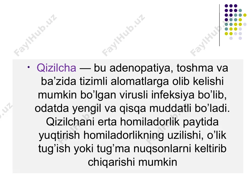 ma yuz va bo’ynidan boshlanadi va tezda tanaga va oyoq-qo’llarga tarqaladi. dastlab yuzda oqargan dog’li eritema paydo bo’lishi mumkin. 2-kuni toshma ko’pincha qizaradi. petexiya yumshoq tanglayda hosil bo’ladi (forxgeymer dog’lari), keyinchalik ular giperemiya sohasiga qo’shiladi. toshma 3-5 kun davom etadi. кизилчанинг ташки куриниши boshqa kasalliklarni qizilcha kasalliklaridan quyidagicha ajratish mumkin: qizamiq: qizilcha qizamiqdan yengilroq va qisqa toshmalar bilan ajralib turadi; intoksikatsiyaning mo’tadil va qisqacha belgilari bo’ladi. koplik dog’lari yo’q, yorug’likdan qo’rqish va yo’tal bo’lmaydi. ikkilamchi sifilis: ikkilamchi sifilisda adenopatiya og’riqli emas va toshma odatda kaft va oyoq tagida ifodalanadi. bundan tashqari, sifilis qo’zg’atuvchisi laboratoriya diagnostikasida odatda osonlikcha aniqlanadi. yuqumli mononukleoz: yuqumli mononukleozni og’irroq faringit, uzoq davom etgan bezovtalik va atipik limfotsitoz, shuningdek, epshtein-barr virusi antikorlariga tekshirish bilan farqlash mumkin. skarlatina: qizilcha kasalligidan farqli o’laroq, kasallik boshlanganidan keyingi kun davomida skarlatina isitmasi intoksikatsiya va faringitning yanada og’ir alomatlarini keltirib chiqaradi. кизилча давоси иситма даврида ёток тартиби кизамик билан огриган бемор парвариши: …