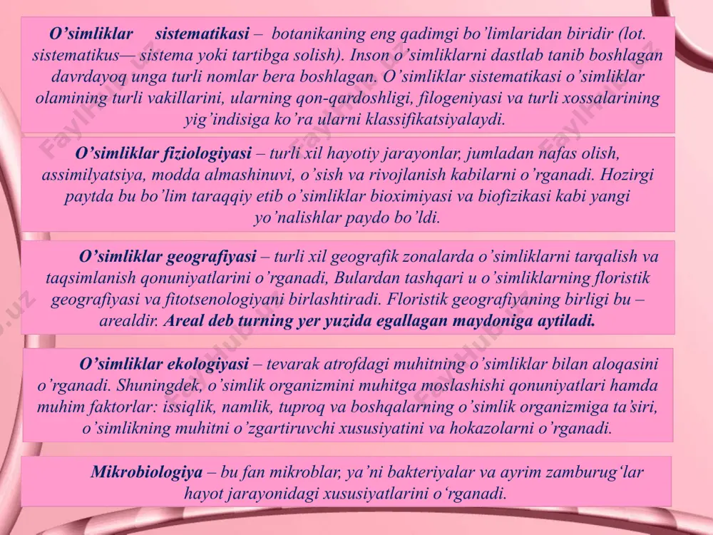 uy-joy qurganlar va kiyim-kechak yasaganlar. buning natijasida o’simliklar va ularning xususiyatlari to’g’risida ba’zi bilimlar paydo bo’lgan va ana shunday bilimlarning yakunlanishi natijasida o’sim-liklar haqidagi fan, ya’ni botanika vujudga kelgan. italiyalik botanik andrea sezalpin (1519-1603)ni ko’rsatish mumkin. olim o’zining 1583 yilda bosilib chiqqan "o’simliklar haqida" degan asarida 1500 ga yaqin o’simliklarni ta’riflab beradi. 1858 yilda ch. darvin (1809-1882) organik dunyoning tabiiy tanlanish yo’li bilan evolyutsiyasi to’g’risidagi o’z nazariyasini yaratdi. a.s.falinsin (1835-1918) botanik fiziologiyani rivojlantirishda katta ishlar olib bordi. u 1883 yilda "o’simlikda moddalar almashinuvi va energiya o’zgarishi" nomli asarini yozdi. o.v.baranetskiy lishayniklar ustida bir qancha ishlar olib bordi, u o’simliklar anatomiyasi va fiziologiyasiga oid bir qancha ishlarni qildi. i.p.borodin o’simliklarda nafas olish jarayoni ustida ish olib bordi va bir qancha asarlar, jumladan "o’simliklar anatomiyasi kursi" ni yozdi. d.i.ivanovskiy filtrlovchi viruslarni kashf etdi. v.a. rotert o’simliklar fiziologiyasi va anatomiyasi sohasida, s.n. vinogradskiy esa bakteriyalarda bo’ladigan xemosintez jarayonini aniqlab mikrobiologiyaga asos soldi. v.i.palladin …