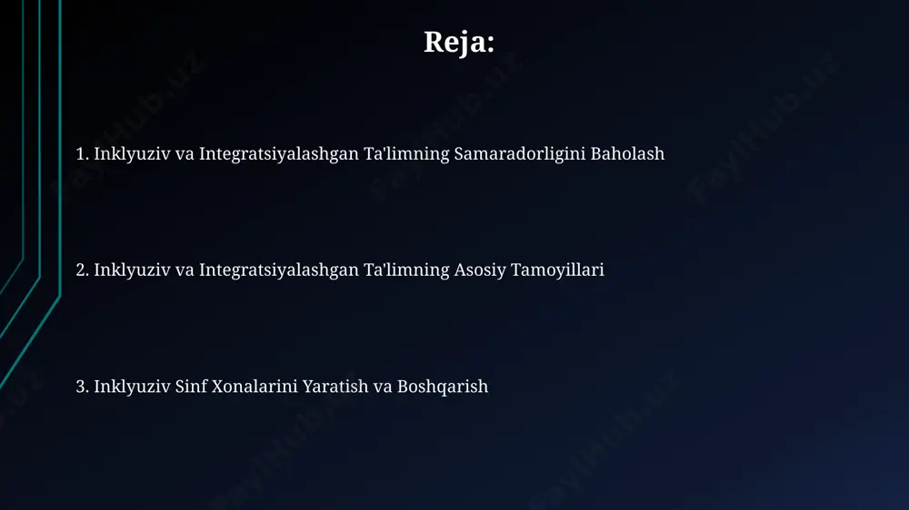 in. inklyuziv ta'limning asosiy tamoyillari inklyuziv ta'limda differensial o‘qitish strategiyasi qo‘llaniladi, bu esa har bir o‘quvchining individual ehtiyojlari va qobiliyatlarini hisobga olgan holda, kamida 3 xil o‘quv uslubini birlashtiradi. inklyuziv ta'lim muvaffaqiyati uchun o‘qituvchilarning malakasi va doimiy kasbiy rivojlanishi muhim ahamiyatga ega bo‘lib, ular kamida 2 yilda bir marta malaka oshirish kurslarida qatnashishlari kerak. inklyuziv sinf xonalarini tuzish xona dizayni, 5 ta turli o'tirish zonasini o'z ichiga olgan holda, o'quvchilarning harakatlanish erkinligini va turli xil o'rganish usullariga moslashuvchanlikni ta'minlashi zarur. inklyuziv sinf xonalarini yaratishda, kamida 20% o'quv materiallari turli xil o'rganish uslublarini hisobga olgan holda, audio va vizual resurslarni o'z ichiga olishi kerak. muvaffaqiyatli inklyuziv ta'lim misollari samarqand viloyatida joylashgan 25 ta maktabda o'quv jarayonini diversifikatsiya qilish orqali 400 ga yaqin nogiron bolalar inklyuziv ta'lim tizimiga qo'shildi, bu ularning akademik ko'rsatkichlariga ijobiy ta'sir ko'rsatdi. o'zbekistonning 150 dan ortiq maktabida inklyuziv ta'limni qo'llab-quvvatlash uchun maxsus o'quv dasturlari va o'qituvchilarni tayyorlash bo'yicha …