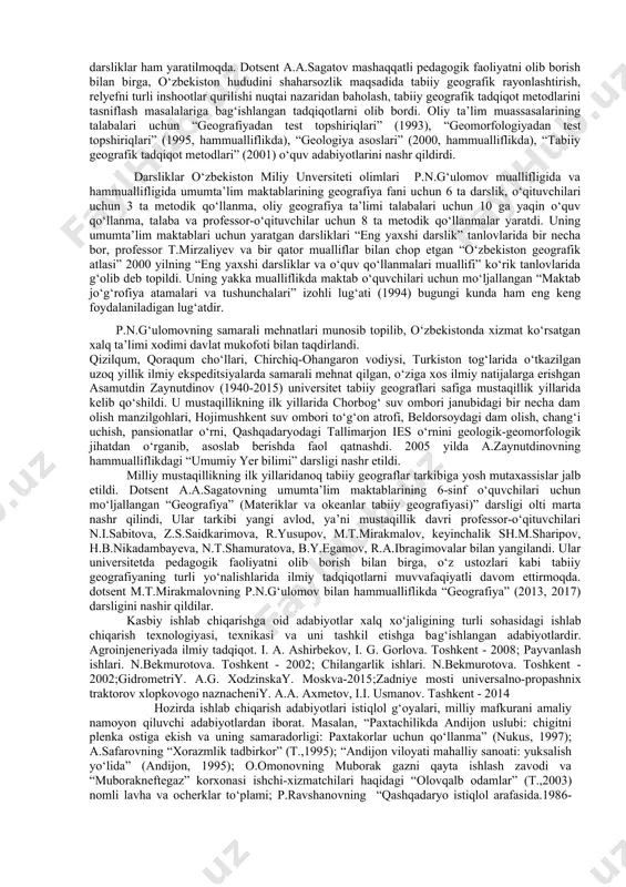 zbek landshaftshunosligining “otasi” darajasiga erishdi. u juda katta ilmiy va о‘quv adabiyotlarni tahlil qilish asosida landshaft (tabiat) komponentlari va landshaft hosil qiluvchi omillarni; landshaftning morfologik tuzilishi, dinamikasi va rivojlanishini; geografik qobiq taraqqiyoti, u bilan bog‘liq ilmiy qarashlarni chuqur о‘rgandi, bir qator yangi ilmiy qarashlarni olg‘a surdi. keyinchalik, b.y.egamov bilan hammualliflikda “geografiya tarixi: eratosfendan koshg‘ariygacha” (2012), x.r.toshev bilan hamkorlikda “geografiya tarixi” (2015) asarlari chop etildi. uning kamtarona ilmiy merosi mustaqillik yillaridagi ilmiy tadqiqotlar uchun muhim va boy manba sifatida foydalanib kelinmoqda. dotsent p.n.g‘ulomov mustaqillik yillarida inson va tabiat о‘rtasidagi munosabatlarni ilmiy tahlil etish, tabiatdan foydalanishning geografik asoslarini yaratish, tabiiy resurslaridan samarali foydalanish, inson xо‘jalik faoliyatini tabiat qonuniyatlari asosida tashkil etish masalalariga bag‘ishlangan tadqiqotlarini davom ettirgan holda, geografiya tarixi, toponimika va geografik atamashunoslik yо‘nalishida, yangi avlod о‘quv adabiyotlarini yaratishda ham salmoqli ishlarni amalga oshirdi. uning 2000 yilda “toponimika va geografik atamashunoslik”, 2009 yilda “inson va tabiat”, “о‘rta osiyo tabiiiy geografiyasi” (2002) asarlari …