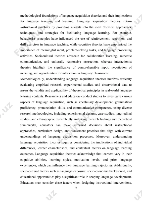 lary development, grammatical proficiency, pronunciation skills, and communicative competence, using diverse research methodologies, including experimental designs, case studies, longitudinal studies, and ethnographic research. by analyzing research findings and theoretical frameworks, educators can make informed decisions about instructional approaches, curriculum design, and assessment practices that align with current understandings of language acquisition processes. moreover, understanding language acquisition theories requires considering the implications of individual differences, learner characteristics, and contextual factors on language learning outcomes. language acquisition theories acknowledge that learners vary in their cognitive abilities, learning styles, motivation levels, and prior language experiences, which can influence their language learning trajectories. additionally, socio-cultural factors such as language exposure, socio-economic background, and educational opportunities play a significant role in shaping language development. educators must consider these factors when designing instructional interventions, adapting teaching materials, and providing support to meet the diverse needs of language learners. in conclusion, understanding language acquisition theories is fundamental …