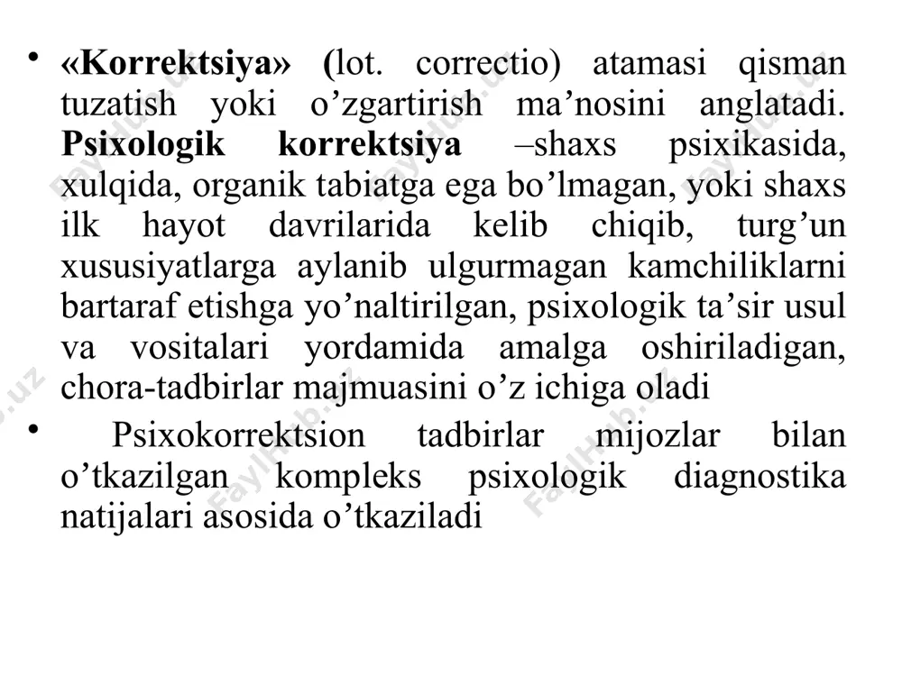 sh lozim eksperimentni o’tkazish ma’lumotlarni qayd qilish, ya’ni eksperiment davomida eksperimentning borishi va natijalarini protokollashtirish va qayd qilish 2.ma’lumotlarni tahlil qilish, masalan, verbal ma’lumotlarni klassifikatsiyalash yoki o’lchov natijalarini solishtirish 3ma’lumotlarni sintez qilish, ma’lumki qayd qilingan dastlabki ma’lumotlarda faqat noaniq psixodiagnostik axborotlarni olish 4psixometrik jarayonlar yordamida ularni birlashtirish, guruhlashtirish, lozimki ular yordamida psixodiagnostik nuqtai nazarga ko’ra ularni interpretatsiya qilish ma’lumotlarni interprepretatsiyasi. metod asosida yotuvchi nazariy kontseptsiya asosida psixodiagnostik ma’lumotlarni taxlil qilish yotadi. metodning sifatlilik kriteriylarini aniqlash. diagnostik ma’lumotlarning ishonchliligi va sifati ma’lum darajada tekshiruv metodi sifatiga bog’liq bo’ladi. ular mos keluvchi texnik tekshiruv yordamida avvalo korreksion statik metodlar yordamida aniqlanadi. tadqiqotlarga ko‘ra, bunday tajovuzkorlik, gipperfaollik va ota-onalari bilan o‘zaro munosabatlarda qiyinchilik alomatlari yaqqol ko‘rinib to‘rgan bolalar kattaroq yoshga yetganlarida hayotda bunday muammolari bo’lmagan bolalarga nisbatan besh marta ko‘prok jinoyatchi yoki ichkilikboz bo‘lib etishganlar. . deviant axloq namoyon bo‘lishi xususiyatlarining differensiatsiyasini o’tkazish uchun zamonaviy psihologiyaning quyidagi qoidalariga tayanish zarur. psixopatologik buzilishlar mavjud …