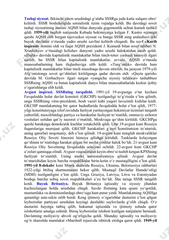 tib olishga majbur bo‘ldi. qishloq aholisi, birinchi navbatda yoshlarning shaharlarga ko‘chib ketishi kuchaydi. global inqiroz yo‘lida: sssr 1964 – 1985-yillarda. mamlakatdagi ahvol n. xrushchyovning mavqeyini tushirdi. 1964-yili oktabrda bo‘lib o‘tgan kpss mk plenumi uni bir qator xato va kamchiliklarda ayblab, lavozimlaridan ozod qildi. n. xrushchyov o‘rniga kpss mk birinchi kotibi qilib leonid brejnev, sssr ministrlar soveti raisi etib aleksey kosigin saylandi. l. brejnev hokimiyatda turgan yillar (1964 – 1982)ning dastlabki o‘n yili iqtisodiy islohotlarni davom ettirish va jadal rivojlanish yillari bo‘ldi. ammo 1970-yillarning ikkinchi yarmidan jamiyatda boshlangan inqiroz sovet davlati tarixida «turg‘unlik» davri nomini olgan. n. xrushchyovdan farqli ravishda l. brejnev o‘z hokimiyatidan juda ehtiyotkorlik bilan foydalandi. u murakkab muammga duch kelganda yaxshisi hech narsa qilmaslikni ma’qul ko‘rardi. unda boshqalarning xushomadiga, turli xil unvonlar va ordenlarni yig‘ishga moyillik kuchli edi. uni maqtash, ulug‘lash jarayoni 1970-yillardan boshlandi va keyingi yillari borgan sari kulgili tus olib bordi. ayniqsa, uning tushunib bo‘lmaydigan nutqlari …