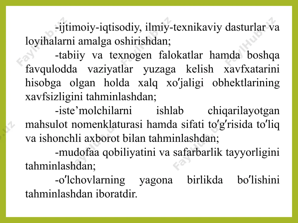 tartibga solib turuvchi standartlashtirish tizimi faoliyat ko‘rsatadi. :standartlashtirish ishlarini tashkil etish, muvofiqlashtirish va ta’minlashni - xo‘jaligi tarmoqlarida — o‘zbekiston standartlashtirish, metrologiya va sertifikatlashtirish agentligi (“o‘zstandart” agentligi); - qurilish, qurilish industriyasi sohasida, shu jumladan loyihalash va konstruksiyalashda — o‘zbekiston respublikasi qurilish vazirligi - tibbiyot uchun mo‘ljallangan mahsulotlar, shu jumladan dori vositalari, tibbiy buyumlar, tibbiy texnika sohasida, shuningdek o‘zbekiston respublikasida ishlab chiqarilayotgan, shu jumladan import bo‘yicha yetkazib berilayotgan mahsulotlarda inson uchun zararli moddalar mavjudligini aniqlash masalalarida — o‘zbekiston respublikasi sog‘liqni saqlash vazirligi; - tabiiy resurslardan foydalanishni tartibga solish hamda atrof muhitni ifloslanishdan va boshqa zararli ta’sirlardan muhofaza qilish sohasida — o‘zbekiston respublikasi ekologiya va atrof-muhitni muhofaza qilish davlat qo‘mitasi; - mudofaa qobiliyatini va safarbarlik tayyorgarligini ta’minlash, mudofaa ahamiyatiga molik mahsulotlar sohasida — o‘zbekiston respublikasi mudofaa vazirligi amalga oshiradi. ushbu qonunga muvofiq davlat boshqaruvi organlari o‘z vakolatlari doirasida standartlarni ishlab chiqadi, tasdiqlaydi va nashr etadi. 6-modda. normativ hujjatlarning toifalari va ularga qo‘yiladigan asosiy …