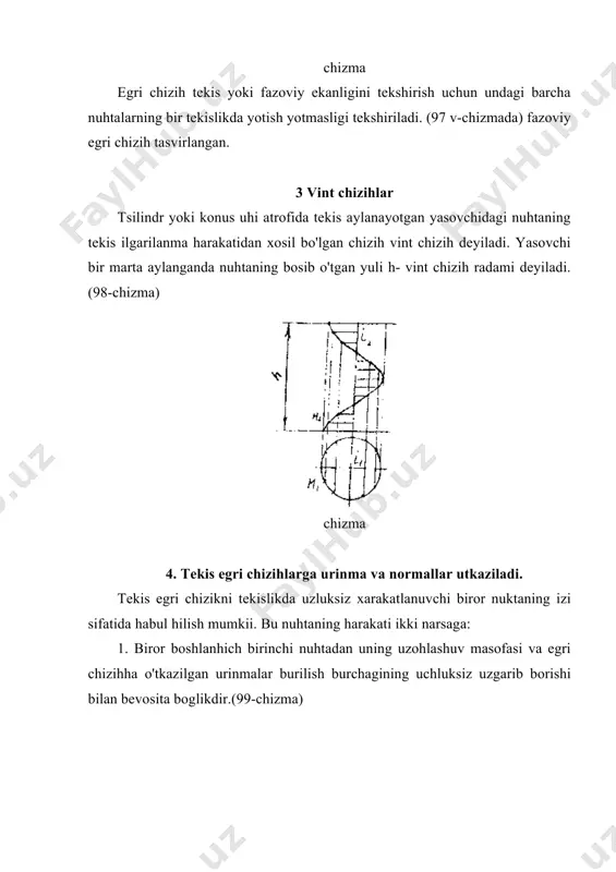 a uning egri chizik bilan kesishish nuktasi b, a nuktadan o'tuvchi urinmaning egri chizihka urinish nuktasi bo'ladi. chizma a va b nuhtalarni to'hri chizih bilan birlashtirsak urinmaga ega bo'lamiz. berilgan s yo'nalishga parallel urinma o'tkazish.(10z-chizma) uchun xotoliklar egri chizigi berilgan egri chizih bilan b nuhtada kesishadi. b nuhtadan s ga parallel urinma chizih o'tkaziladi. chizma egri chizihdan tashharida yotgan nuhtadan unga normal o'tkazish uchun, egri chizihdan tashharida yotgan a nuhtani aylanalarning markazi sifatida kabul hilib, undan berilgai egri chizikha kesuvchi aylanalar chizamiz. ular hosil hilgan vatarlarga perpendikulyar, a nuhtadan egri chizihha tushirilgan normal bo'ladi. t unga urinmadir. chizma 9.5. tekis egri chizih nuhtalarining klassifikatsiyasi. yoylarning ulanish harakteriga harab, ulama chizihning uchlari oddiy va maxsus nuhtalar bo'lishi mumkin. egri chizihning oddiy nuhtasida yarim urinmalar harama-harshi yo'nalishda bo'lib, birta to'hri chiaih ustida yotadi va egrilik markazlari ustma-ust tushadi. (105-chizma) chizma egri chizihning maxsus nuktalari huyidagilardan iborat: a) ho'sh. nuhta. yarim urinmalar harama-harshi …