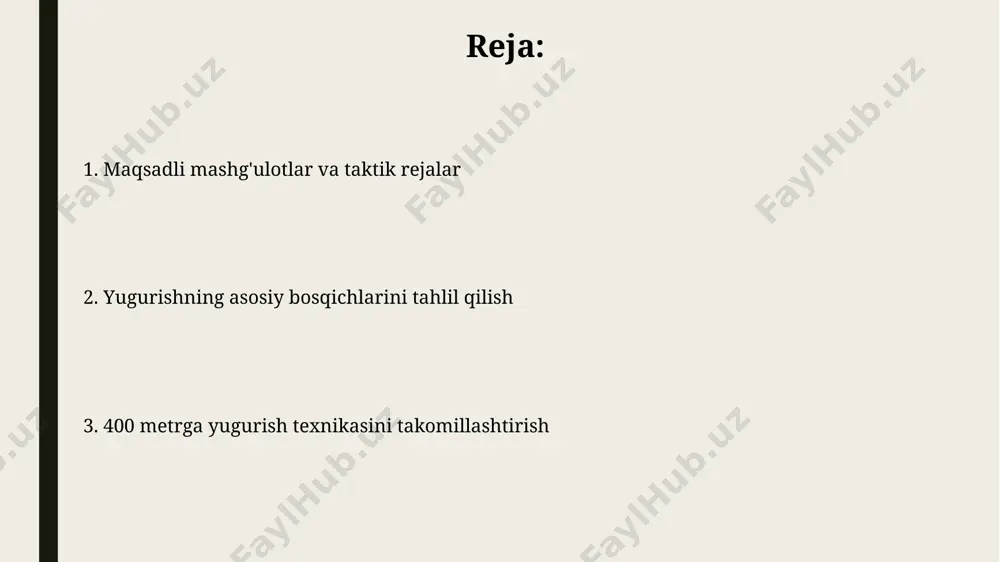 klarning charchoqini kamaytirib yugurish samaradorligini oshiradi. finish liniyasini kesish 400 метрлик югуришда финиш чизиғини кесишда тўғри техника ва кучли финиш штурми, якуний натижага 0,1-0,2 сониягача таъсир этиши мумкин, бу мусобақа натижалари учун жуда муҳимдир. финиш чизиғидан 5 метр олдин корпус ва бошни бироз олдинга эгиб, қувватни оёқларга тўғри тарқатиш орқали финишга кучли ҳаракат билан етиш мумкин. yugurishdan keyingi tiklanish yugurishdan soʻng darhol 2 litrga yaqin suv ichish organizmni suvsizlanishdan saqlaydi va metabolik jarayonlarni normallashtiradi, tiklanishga yordam beradi. to'g'ri ovqatlanish, jumladan, 1:3 nisbatida uglevod va oqsil iste'mol qilish mushaklarning tiklanishi va energiya zaxiralarini to'ldirishi uchun juda muhimdir. burchakka kirish “burchakka kirish” bosqichida markazning pastga tushishi va vertikal siljishining kamayishi 20% ga yaqin energiya tejashga yordam beradi. “burchakka kirish”da 100 metrdan keyin tezlikni 2-3 m/s ga oshirishga harakat qilish, maksimal tezlikka erishish uchun muhim ahamiyatga ega. umumiy tahlil va takomillashtirish yugurishning optimal qadam uzunligi va chastotasini aniqlash uchun, video tahlil orqali har …
