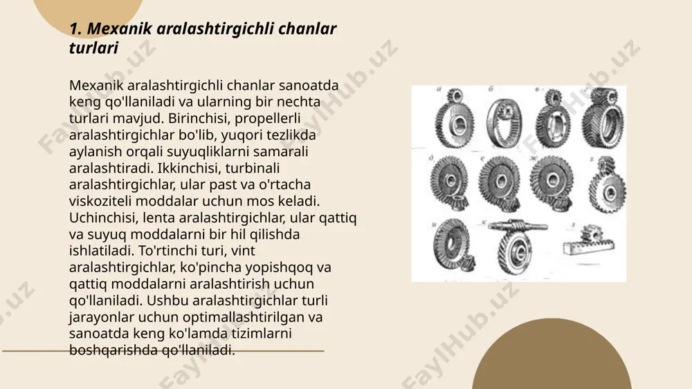 dan 10 kvtgacha yetishi mumkin. dvigatellar aylanish tezligini boshqarish orqali materiallar bir xilda va tezda aralashtiriladi. tezlik diapazoni odatda 20 dan 1500 aylanish/daqiqagacha bo‘lishi mumkin. texnik xizmat ko‘rsatish, samaradorlik va uzoq muddatli ishlash uchun dvigatellarni to‘g‘ri tanlash muhimdir. ... t.me/slaydai_bot 7. aralashtirgichlarning ilovalari aralashtirgichlar, ya'ni mikserlar, oziq-ovqat, kimyo, farmatsevtika va qurilish sanoatlarida keng qo'llaniladi. oziq-ovqat sanoatida ularni xamir qorish, souslar va ichimliklar tayyorlash uchun ishlatishadi. kimyo sanoatida aralashtirgichlar suyuqliklarni bir tekisda aralashtirish va reaksiya massalarini homogenizatsiya qilish uchun qo'llaniladi. farmatsevtikada esa dorivor moddalarni qo'shish va dori shakllarini tayyorlash maqsadida foydalaniladi. qurilishda beton va gips aralashmalarini tayyorlashda muhim ahamiyatga ega. ushbu jihozlar samaradorligiga ko'ra turli xil hajmlarda va dizaynlarda bo'lishi mumkin. mikserlarning ortib borayotgan qo'llanilishi ishlab chiqarish jarayonlarini sezilarli darajada soddalashtiradi. ... t.me/slaydai_bot aralashtirgichni o‘rnatish usullari quyidagicha: birinchidan, joy tanlash muhim, chunki aralashtirgich stabil va tekis yuzaga o‘rnatilishi kerak. ikkinchidan, o‘rnatishdan oldin barcha qismlar va asboblarni tekshirish zarur. uchinchi qadamda, aralashtirgichning …