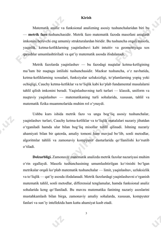 matik tahlilidir. i bob. metrik fazolarning nazariy asoslari 1.1. metrika (masofa funksiyasi) tushunchasi ta’rif 1. elementlar (nuqtalar) ning biror to’plami (fazosi) va masofa, ya’ni bir qiymatli, manfiymas, haqiqiy, uchun aniqlangan va quyidagi uchta aksiomani qanoatlantiruvchi funksiyadan tuzilgan juft metrik fazo deyiladi, agar quyidagi aksiomalar bajarilsa: 1) 2) 3) . metrik fazoni biz odatda bitta harf bilan belgilaymiz: . misollar. 1. haqiqiy sonlar to’plami metrik funksiyasi bilan metrik fazoni tashkil qiladi. 2. ta haqiqiy sonlarning tartiblangan guruhlari to’plami metric funksiya bilan -o’lchovli arifmetik evklid fazosi deyiladi. bu metrik funksiyaning 1) va 2) aksiomalarni qanoatlantirishi ravshan. u uchun 3) aksiomaning ham bajarilishini ko’rsatamiz. faraz qilaylik, bo’lsin. u holda uchburchak aksiomasi quyidagicha yoziladi: . (1) belgilab, ni olamiz va (1) tengsizlik (2) bu tengsizlik esa ma’lum koshi-bunyakovskiy tengsizligidan oson kelib chiqadi. haqiqatan ham, oxirgi tengsizlikka ko’ra . shunday qilib, (2) tengsizlik, u bilan birga (1) tengsizlik ham isbotlandi. demak, fazo metrik fazodir. 3. …