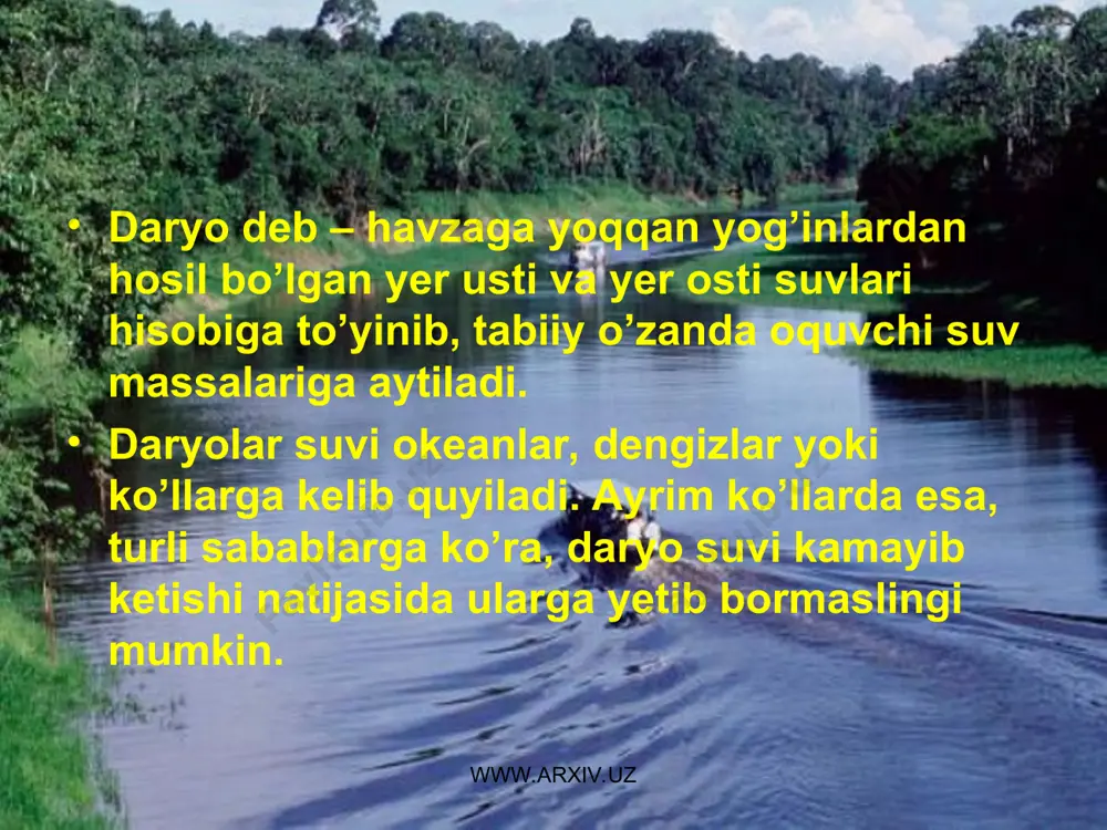 www.arxiv.uz daryo suvlarni ifloslanishi oqibatida, suvning tabiiy holati buzilib, yashil suvo’tlarining, baliqlarning kamayib ketishiga, sug’oriladigan yerlardagi ekinlarning o’sishiga va natija oqibatida kishilar salomatligiga salbiy ta’sir etmoqda. hatto, sanoatlashgan joylardan oqib o’tadigan daryo suvlari tabiiy holda ichishga yaroqsiz bo’lib qoldi. daryo suv boyliklarini bundan buyon toza saqlash uchun ekin-dalalardan chiqayotgan zovur-drinaj suvlarining iloji boricha tabiiy havzalarga tashlashni ma’n etish, zovur-drinaj suvlarini yig’ib, yirik daryolarga parallel magistral zovur qazib dengiz va ko’llarga oqizishga erishish, qishloq xo’jaligi zararkunandalariga qarshi biologik uslubda kurashishni joriy etish, zavod-fabrika, maishiy va boshqa korxonalardan chiqayotgan iflos oqava suvlarni tozalab, so’ng suv havzalariga tashlashga erishish zarur. www.arxiv.uz www.arxiv.uz bu borada hozirda yurtimizda 4,2 mln. gektar yerni sug’orish va sho’rini yuvish uchun daryolardan yiliga 53-55 km3 suv olinmoqda. qishloq xo’jaligi uchun olinayotgan 53-55 km3 suvning 80%i yerlarning sug’orishga sarflansa, qolgan 20%i tuproq sho’rini yuvishga sarflanmoqda. hozir mamlakatimiz sanoat tarmoqlari, maishiy-kommunal xo’jaligi va boshqa sanoat sohalarni suvga bo’lgan ehtiyojlarini qondirish uchun …