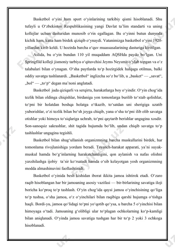 yarasha mehnat qilib to‘p tushirsinlar. savat shitga mumkin qadar puxta o‘rnatiladi. temirdan yasalgan ikki tomoni qayirma mix bilan mustahkamlanadi. shit oddiy taxtalardan yasalishi yoki atrofi temirli oynasimon plastik materialdan ishlanishi mumkin.05 , 1 m 1 ,80m 0 ,59 m 0 , 45 m agarda haqiqiy halqa topilmasa, unda halqani qo‘lbola qilib yasash ham mumkin. qo‘lda yasalgan shitni 1,8 · 1,05 metrli halqali savati bilan maydonning yon chizig‘iga o‘rnatilgan ustunga mahkamlash mumkin (54-rasm). bordi-yu, buning ham iloji bo‘l- masa, bitta savatni devorga yoki ustunga o‘rnatib qo‘yilsa, shunda ham asosiy o‘yinlarni o‘rgatish va ikki tomonli mashg‘ulotni o‘tkazish mumkin. basketbol maydoni va uning o‘lchamlari haqida basketbol maydonining markaziy chizig‘i ikki tomonni, ya’ni jamoangizni hujum va himoya zonalariga ajratib turadi. maydonning yarim halqadan boshlab markaziy chiziqqacha raqibning oldingi zonasi hisoblanib, ikkinchi yarmi sizning himoya zonangizdir. basketbol maydonining jarima to‘pi tashlanadigan qismi 3 soniyalik zona deyiladi yoki chegaralangan zona deb ataladi. sababi, sizning jamoangiz to‘p …