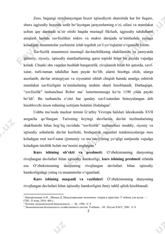 haymoqda. jahon miqyosida global-texnologik, moliyaviy, axborot, madaniy tizimlar jadal ravishda rivojlanmoqda. milliy iqtisodiyot, xalqaro mehnat taqsimotiga ko‘ra, ixtisoslashuvi, o‘zining foydali qazilma boyliklari, geografik joylashuvi, fan-texnika taraqqiyoti, ijtimoiy-iqtisodiy rivojlanish darajasi, xalqaro savdo, xalqaro iqgisodiy faoliyatining faolligiga muvofiq jahon iqgisodiy tizimida o‘ziga xos o‘rinni egallaydi. jahon iqgisodiyotita integratsiyalashish uchun milliy iqtisodiyot xalqaro hamkorlikka ochiq bo‘lishi, ya’ni ochiq iqtisodiyot tavsifiga ega bo‘lishi lozim. ochiq iqtisadiyotning xususiyatlari va potensial imkoniyatlarini quyidagicha tavsiflash mumkin: - o‘tish davrshsh o‘e boshidan kechirayotgan mamlakatda bozor mexanizmi va unsurlari raqobat muhiti shakllanishining jadallashuvi; - jahon xo‘jaligi bilan o‘zaro aloqada milliy iqtisodiyot an’anaviy tovar ayirboshlashdan tashqari, kapitalni netga chiqarish va chetdan kiritish, ilmiy-texnikaning kooperatsiyalashuvi, ishlab chiqarish integratsiyasi kabi shakllarda integrallashadi; - xalqaro resurslar aylanmasi va uning samaradorligini oshirishga asoslangan holda ichki ishlab chiqarish hajmlariga nisbatan milliy daromadning o‘sishi; - xalqaro ayirboshlashning mutanosib iqtisodiy o‘sish omili sifatidagi rolining ko‘payishi; - xalqaro resurslar aylanmasi va uning samaradorligini oshirish hisobiga ichki ishlab chiqarish …