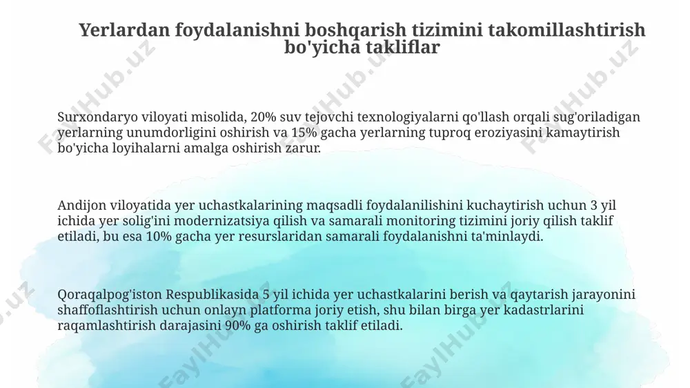 tar yer maydonida g'alla yetishtirish samaradorligini 30% ga oshirish va suv tejovchi texnologiyalarni joriy etish mumkin. surxondaryo viloyatining 30% yer maydonlarida suv resurslaridan samarali foydalanish texnologiyalarini joriy etish natijasida hosildorlikni 10-15% ga oshirish va suv iste'molini kamaytirishga erishish mumkin. mamlakatdagi yerlardan foydalanishni boshqarishning hozirgi holati oʻzbekistonning 20% dan ortiq yer maydoni paxta yetishtirishga ajratilgan boʻlib, bu suv resurslarining haddan tashqari sarflanishiga va tuproq eroziyasiga olib kelmoqda, ayniqsa qashqadaryo va surxondaryo viloyatlarida. mamlakatdagi oʻrmonlarning umumiy maydoni 11,5 million gektardan kam, bu umumiy yer maydonining atigi 6 foizini tashkil etadi, natijada tabiiy boyliklarning kamayishi va ekologik muvozanatning buzilishi kuzatilmoqda. fermer xoʻjaliklari yerlarini boshqarishda 30% dan ortiq holatda yer kadastri ma'lumotlarining aniqligi pastligi, toshkent viloyatidagi misollar shuni koʻrsatadiki, bu yerlarni samarali boshqarishga toʻsqinlik qilmoqda. ekologik muhofaza qilish va bioxilma-xillikni saqlash qashqadaryo viloyatida joylashgan kitob davlat tabiat qoʻriqxonasi 200 ming gektardan ortiq maydonni egallaydi va 200 dan ortiq noyob oʻsimlik va hayvon turlarining yashash …
