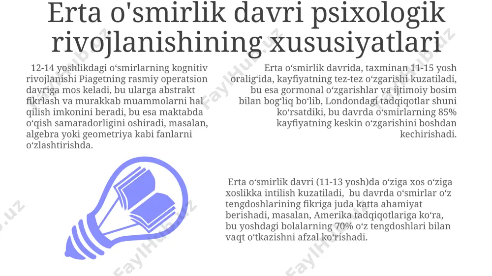 u esa 20 yoshga yaqin boʻlganda planlash, qaror qabul qilish va impulslarni nazorat qilish qobiliyatlarini yaxshilashga olib keladi, bu esa koʻpincha buyuk britaniya psixologlari tomonidan oʻrganiladi. oʻsmirlik davrida, taxminan 11-14 yosh oraligʻida, formal operatsion fikrlash boshlanib, abstrakt tushunchalarni tushunish va murakkab muammolarni hal qilish qobiliyati rivojlanadi, masalan, algebra masalalarini yechish kabi. o'smirlik davrida hissiy-irradiy o'zgarishlar oʻzbekiston oʻsmirlari orasida oʻtkazilgan soʻrovnomalar natijalariga koʻra, 16-18 yoshli yoshlar oʻrtasida oʻz-oʻzini anglash va identifikatsiya bilan bogʻliq hissiy qiyinchiliklar, xususan, shaxsiy munosabatlar bilan bogʻliq noroziliklar 35% ga yaqinni tashkil etadi. oʻsmirlik davrida, taxminan 13-15 yosh oraligʻida, kayfiyatning keskin oʻzgarishi kuzatiladi, bu esa miyaning limbik tizimining yetuk boʻlmaganligi va gormonal oʻzgarishlar bilan bogʻliq. masalan, aqsh tadqiqotlariga koʻra, bu yoshdagi oʻsmirlarda depressiya xavfi 20% ga oshadi. hissiy-irradiy oʻzgarishlar bilan birga, oʻsmirlik davrida, taxminan 12-14 yosh oraligʻida, ijtimoiy qabul qilinishga boʻlgan ehtiyoj keskin ortib boradi o'smirlik davrida ijtimoiy munosabatlar oʻsmirlar oʻz tengdoshlari bilan munosabatlarida, masalan, 14-16 yosh oraligʻida, …