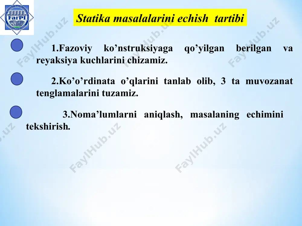 fazoda joylashgan kesishuvchi kuchlar sistemasining muvozanati - Page 3