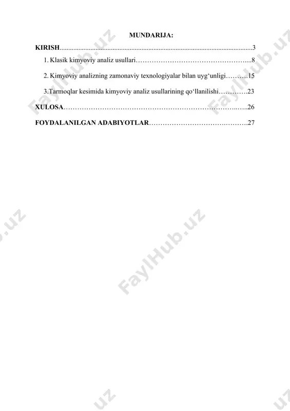 shqa moddalarning aralashuvi yoki inson xatolari natijani buzishi mumkin. shu sababli hozirgi kunda ko‘plab laboratoriyalar kimyoviy analizni instrumental metodlar (spektrofotometriya, xromatografiya, elektrokimyo) bilan birlashtirib, yanada ishonchli natijalarga erishmoqda. shu bilan birga, kimyoviy analiz tibbiyot, farmatsevtika, oziq-ovqat, atrof-muhit muhofazasi va sanoat sohalarida keng qo‘llaniladi. dori vositalarining sifat nazorati, suvdagi zararli ionlarni aniqlash, oziq-ovqatdagi konservantlar miqdorini tekshirishda ushbu metodlar muhim rol o‘ynaydi. kimyoviy analiz – bu moddalar tarkibini aniqlash, ularning tarkibiy qismlarini miqdoriy va sifat jihatdan baholash bilan shug‘ullanuvchi kimyoning asosiy sohalaridan biridir. analitik kimyo orqali ma’lum bir namunadagi elementlar yoki birikmalar mavjudligini aniqlash (kualitativ analiz) hamda ularning qancha miqdorda mavjudligini o‘lchash (kvantitativ analiz) mumkin. kimyoviy analiz usullari tarixan uzoq rivojlanish yo‘lini bosib o‘tgan bo‘lib, ular bugungi kunda klassik va zamonaviy tarmoqlarga ajratiladi. kualitativ va kvantitativ analiz kualitativ analiz – moddadagi element yoki ionlar mavjudligini aniqlaydi. bu usulda rang o‘zgarishi, cho‘kma hosil bo‘lishi yoki gaz ajralishi orqali moddaning sifat jihatidan tahlili amalga …