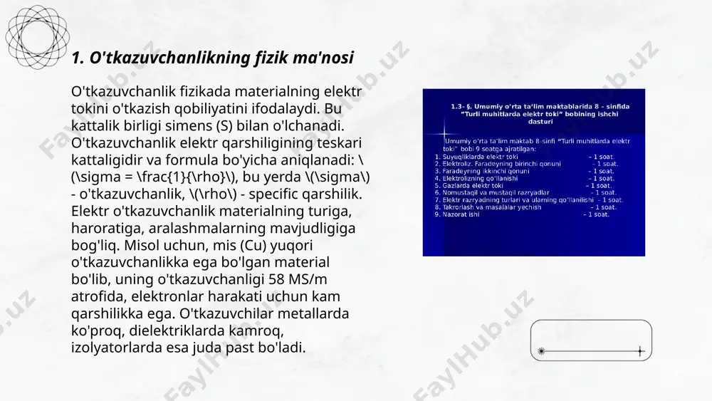 kin. masalan, toza ichimlik suvi uchun o'tkazuvchanlik odatda 50-500 µs/cm oralig'ida bo'ladi. dengiz suvi esa yuqori darajadagi ionlar kontsentratsiyasi sabab 50,000 µs/cm va undan ortiq bo'lishi mumkin. o'tkazuvchanlikka ta'sir qiluvchi omillar orasida ionlarning tabiati, harorat va eruvchanlik kiradi. ... t.me/slaydai_bot 7. o'tkazuvchanlikka ta'sir qiluvchi omillar o'tkazuvchanlikka ta'sir qiluvchi omillar orasida materialning xususiyatlari, harorat, va kimyoviy tarkibi muhim ahamiyatga ega. masalan, metallarning o'tkazuvchanligi yuqori bo'lib, elektronlar harakatlanishi osondir. harorat oshishi bilan o'tkazuvchanlik kamayishi mumkin, chunki atomlarning titrashi ortadi. yarim o'tkazgichlarning o'tkazuvchanligi esa, harorat oshishi bilan yaxshilanadi. elektrolitlar uchun ionlarning konsentratsiyasi va eritma harorati o'tkazuvchanlikka ta'sir qiladi. misol uchun, mis ionlari bo'lgan eritma mis o'tkazgichlaridan ko'ra pastroq o'tkazuvchanlikka ega bo'lishi mumkin. materiallarning geometrik xususiyatlari, masalan uzunlik va qalinlik ham o'tkazuvchanlikni belgilovchi omillardir. ... t.me/slaydai_bot yassi va gulli o'tkazuvchanlik o'simliklarning suyuqliklar va oziq moddalarni tashishga doir qobiliyatlaridir. yassi o'tkazuvchanlik ko'proq barglar va oʻtlar orqali amalga oshadi, bunda transport ko'p hujayralar qavati orqali sodir …