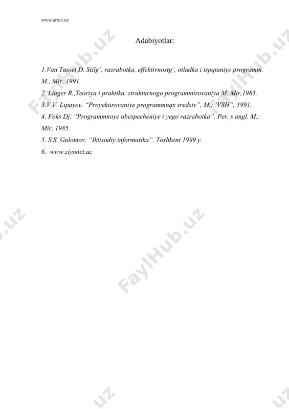 strukturali programmalash. kichik xajimdagi programmalarni ishlab chiqarish usullari. katta xajimdagi programma loyihalarni tadbiq qilish yo`llari - Page 5
