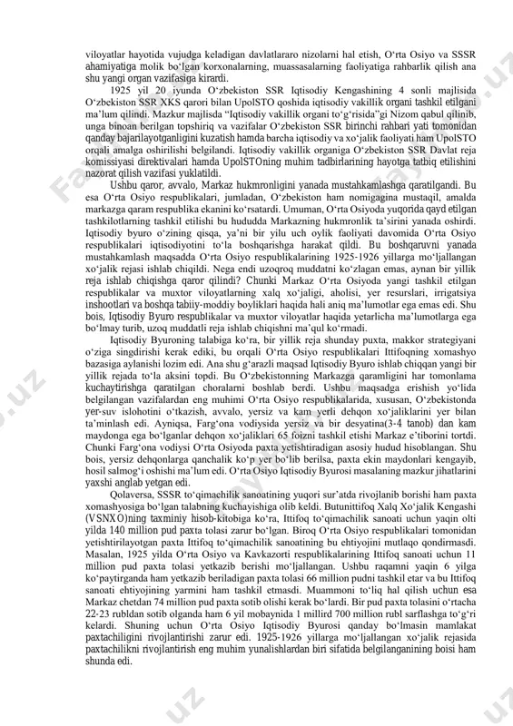 в национальной независимости. научный редактор: р.я.раджапова. – т.: “шарқ”, 2000 14. ўзбекистон тарихи (1917-1991 йиллар). иккита китоб. 1-китоб. – т.: “ўзбекистон” нмиу, 2019 15. ўзбекистоннинг янги тарихи. 2-китоб. ўзбекистон совет мустамлака-чилиги даврида. илмий муҳаррир: м.жўраев. – т.: “шарқ”, 2000 xalq ta'limi, maorif sohasida bajarilgan ishlar, maktab qurilishi. o'qitishning shakl va usullari, an'anaviy maktablarni tugatish, maktablarni pedagogik kadrlar bilan ta'minlanishi. xalq ta'limi tizimidagi o’zgarishlar.mahalliy yozuvchilar asarlarining milliy qadriyatlarni yoqlash va himoya qilishdagi ahamiyati. 30-yillarning boshlaridagi yozuvchi va adiblar faoliyati. o'zbek milliy dramaturgiyasi va musiqa, teatr va kino. tasviriy va amaliy san'at. o'zbek xotin qizlari o’rtasida olib borilgan tadbirlar va muammolar. «hujum» kompaniyasining o’tkazilishi. xotin qizlar mehnatining ijtimoiy-iqtisodiy muammolari. o'zbekiston ziyolilarining mamlakatimizning aql-zakovati va salohiyatini oshirish yo'lidagi hissalari. sovet davlati tomonidan “katta qirg’in”ning amalga oshirilishi, qatag’on siyosatining asoratlari (1937-1938 yillar). o'zbekistonning 20-30 yillardagi xalqaro aloqalari. ilmiy-madaniy aloqalar. xalqaro aloqalarning cheklanishi. vatanimiz tarixida 1925 – 1941 yillar o‘ta salbiy va murakkab jarayonlar – …