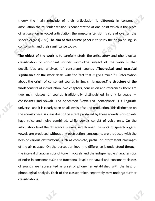 blockages of the air passage. on the perception level the difference is understood through the integral characteristics of tone in vowels and the indispensable characteristics of noise in consonants.on the functional level both vowel and consonant classes of sounds are represented as a set of phonemes established with the help of phonological analysis. each of the classes taken separately may undergo further classifications. chapter i articulatory and phonological classification of english consonant sounds 1.1general characteristics of english consonants consonants are speech sounds made with the air stream that meets a complete, partial or intermittent obstruction in the mouth or nasal cavities. the closure blocks the air stream and the sound production is accompanied with certain audible noise characteristics. the phonological analysis establishes 24 phonemes of the english consonant system [p, b, t, d, k, g, f, v, θ, ð, s, z, ∫, j, h, t∫, ʤ, m, n, ŋ, w, …