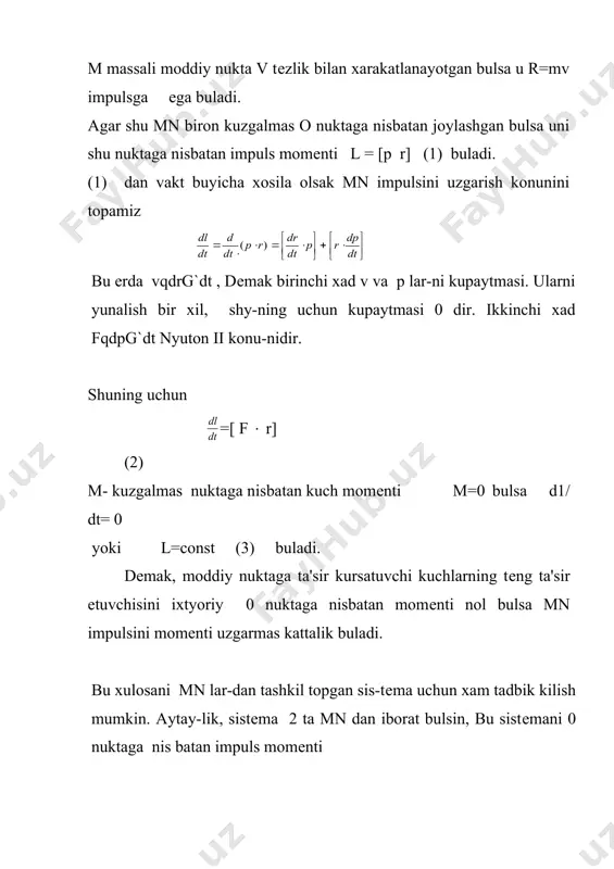 tining uzgarish konuni. moddiy nuktalarning bеrk sistеmasi uchun ( мi =0 shuning uchun dl/dt=0 ёки l=const buladi. bu mn sistеmasi uchun impuls momеntini saklanish konunidir: mnlar bеrk sistеmasi impulsning nuktaga nisbatan momеnti uzgarmas katta-likdir. bu xulosani ukka nisbatan xam tadbik kilish mumkin. ii. agar aylanish uki kattik jismning massalar markazi orkali utmasa ukka markazdan kochirma кучлар таъсир килади. натижада ук эгилади, fмк деформацияланади бора-бора у яроксиз холга келади. шунинг учун куп холларда ай-ланиш укини жисмнинг масса маркази оркали утадиган килинади. демак, айланиш уки массалар маркази оркали утиб, марказдан кочирма кучларни укка нисбатан моменти нолга тенг булганда айланаётган jism ukka kuchli ta'sir kursatmaydi. agar jism simmеtriyaga ega bulsa, bunday uklarni yunalishini aniklash mumkin. masalan, tugri burchakli parallеlopipеd ( gugurt kutisi ) shaklidagi jism karama-karshi yoklari markazla-ridan utgan uchta uzaro tik ukka ega. jism shulardan biri u atrofida aylantirilsa ay-lanish ukini tutib turgan tayanchlarga xеch kanday ta'sir kursat-maydi. boshka uklarga nisbatan esa …