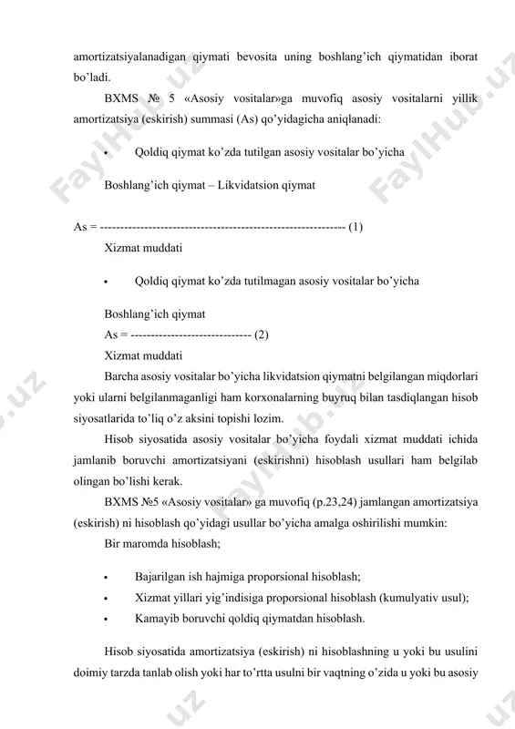 masini soliqga tortish jihatlari ham aniq belgilab olingan bo’lishi lozim. amortizatsiya (eskirish) ni hisoblash usullarining moxiyatini, ularning solik solish bazasiga ta’sirini qo’yidagi misol asosida ko’rib chiqaylik. aytaylik, avtomashinaning boshlang’ich qiymati – 1000000 so’m, korxona tomonidan ko’zda tutilgan likvidatsion qiymat – 100000 so’m, xizmat muddati – 5 yil, yillik eskirish me’yori – 20%. texnik pasportida xizmat muddati davrida ko’zda tutilgan ish hajmi (soatlarda) – 10000 soat. mashinaning haqiqatda ishlagan vaqti hisob ma’lumotlari bo’yicha 1-yilda – 2000 soat, 2-yilda – 3000 soat, 3-yilda – 2500 soat, 4-yilda – 1500 soat, 5-yilda – 1000 soat. bir maromda hisoblash usuli. ushbu usulning mohiyati shundaki, u amortizatsiyalanadigan qiymatni foydali xizmat muddat davomida bir maromda (miqdorda) hisoblashni, jamlangan amortizatsiya (eskirish) ni bir maromda ko’payib borishini va qoldiq qiymatini bir maromda kamayib borishini taqozo etadi. yillik amortizatsiya (eskirish) summasi ushbu usulda 180000 so’mni tashkil etadi. 1000000 – 100000 900000 as = ------------------------------- = -------------- = 180000 so’m …
