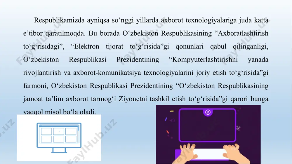 iste’mol buyumlariga sarflanadigan xarajatlardan ustunlik qilmoqda, ya’ni axborot texnologiyalari mavjud yangi texnologiyalar orasida yetakchi o'rinni egallamoqda. axborot texnologiyalari industriyasi majmuini kompyuter, aloqa tizimi, ma’lumotlar ombori, bilimlar ombori va u bilan boglik faoliyat soxalari tashkil kiladi. bugungi kunda axborot texnologiyasini shartli ravishda "saqlovchi, ratsionallashtiruvchi, yaratuvchi" turlarga ajratish mumkin. birinchi turdagi texnologiyalar mehnatni, moddiy resurslarni, vaqtni tejaydi. ratsionallashtiruvchi axborot texnologiyalariga chiptalar buyurtma qilish, mexmonxona xisob-kitoblari tizimlari misol bo’ladi. yaratuvchi (ijodiy) axborot taxnologiyalari axborotni ishlab chiqaradigan, undan foydalanadigan va insonni tarkibiy qism sifatida o'z ichiga oladigan tizimlardan iborat. axborot texnologiyalarining xozirgi zamon taraqqiyoti hamda yutuqlari fan va inson faoliyatining barcha soxalarini axborotlashtirish zarurligini ko’rsatmoqda. jamiyatni axborotlashtirish deganda, axborotdan iqtisodni rivojlantirish, mamlakat fan-texnika taraqqiyotini, jamiyatni demokratlashtirish va intellektuallashtirish jarayonlarini jadallashtirishni ta’minlaydigan jamiyat boyligi sifatida foydalanish tushuniladi. axborot tizimi boshqaruv xizmatlari xodimlariga axborotli xizmat ko‘rsatuvchi tizim sifatida axborotlarni jamlash axborotlarni saqlash axborotlarni ishlab chiqish axborotlarni uzatish kabi texnologik vazifalarni bajaradi boshqaruv uchun tizimlashtirilgan, oldindan tayyorlangan …
