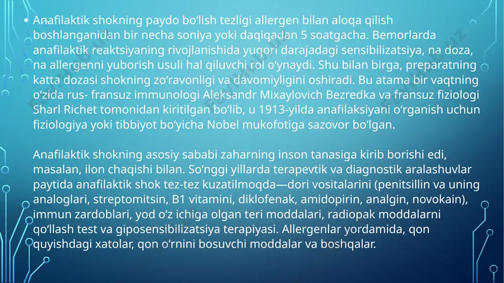 (epinefrin) taʼsiriga chidamli—eufillin (aminofillin) 2,4 % — 20 ml tomir ichiga sekin, prednizolon-1,5-3 mg/kg. shuningdek, qon bosimini pasaytirmaydigan va yuqori oʻziga xos allergik potentsialga ega boʻlmaganlar orasidan antigistaminlarning kiritilishi koʻrsatilgan: 1-2 ml 1 % difengidramin yoki suprastin, tavegil. diprazinni qoʻllamang — boshqa fenotiyazin hosilalari kabi, u oʻzining sezilarli allergen salohiyatiga ega va qoʻshimcha ravishda, anafilaksi bilan ogʻrigan bemorda allaqachon past qon bosimini pasaytiradi. zamonaviy tushunchalarga koʻra, ilgari keng tarqalgan boʻlib qoʻllanilgan kaltsiy xlorid yoki kaltsiy glyukonatning kiritilishi nafaqat koʻrsatilmaydi, balki bemorning ahvoliga ham salbiy taʼsir koʻrsatishi mumkin. 10-20 ml 2,4 % aminofilin eritmasini sekin tomir ichiga yuborish bronxospazmni engillashtiradi, oʻpka shishini kamaytiradi va nafas olishni osonlashtiradi. anafilaktik shok bilan ogʻrigan bemorni miyaga yaxshi qon taʼminlash uchun pastga tushirilgan yoki gorizontal (koʻtarilmagan!) yuqori tana va bosh bilan gorizontal holatda joylashtirilishi kerak (past qon bosimi va miyaga qon taʼminoti pastligi hisobga olingan holda). gemodinamikani va qon bosimini tiklash uchun kislorod inhalatsiyasini, tomir …