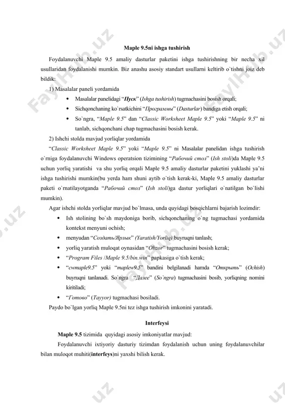 tlar mavjud: foydalanuvchi ixtiyoriy dasturiy tizimdan foydalanish uchun uning foydalanuvchilar bilan muloqot muhiti(interfeys)ni yaxshi bilish kerak. biz classic worksheet maple 9.5 va maple 9.5 tizimlarining windows operatsion muhitida joriy qilingan interfeysi haqida to`xtalamiz. foydalanuvchi tomonida tizimlar ishga tushurilgandan keyin quyida ko`rsatilgan interfeys oynalar paydo bo`ladi. oynalar olti qismdan tashkil topgan: · sarlavha satri; · asosiy menyular satri; · asosiy instrument(vosita)lar paneli; · kontekstli uskunalar paneli; · ishchi varaqning maydoni; · holatlar satri. sarlavhada maple tizimining belgisi va joriy ishchi varaq faylining nomi ko'rsatiladi. asosiy menyular satrining holati ishchi varaqqa aks ettirilgan hujjatning mazmuniga qarab o'zgarib turadi. ishchi varaqning foydalanuvchi tomonidan ma'lumotlar kiritiladigan qismiga kiritish maydoni deyiladi. kiritish maydoniga maplening buyruqlariini, operatorlarini va izohlar uchun matn kiritish mumkin. kiritish maydonida buyruqlarni maple talqinida yoki odatdagi matematik yozuv talqinida aks ettirish mumkin. natijada ushbu panelda kiritish maydoni paydo bo'ladi (2–shakl). “enter” – tugmasi bosilgandan keyin kiritilayotgan buyruqning yozuvi kontekstli instrumentlar panelining kiritish …