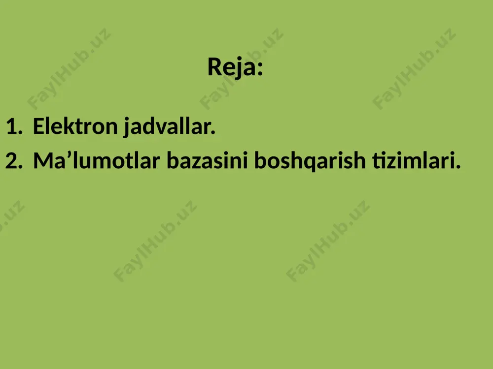 y katak microsoft excelda hujjat ish kitobi deb nomlanadi. kitob bir nechta varaqlardan iborat. kitobga yangi varaqlar qo'shish yoki keraksizlarini olib tashlash mumkin. varaqlar «лист1", «лист2", «лист3" kabi nomlanadi. ularning nomini o`zgartirish mumkin. buning uchun varaq nomiga sichqonchaning o'ng tugmasi bilan bosiladi. 9 paydo bo'lgan kontekst menyusida переименовать buyrug'i tanlanadi va kerakli nom kiritiladi. oynaning pastki o'ng burchagida masshtab belgisi orqali varaqning o'lchamini o'zgartirish mumkin. ko`rsatkich minus belgisiga qarab tortilsa, masshtab kichrayadi, plyus belgisiga qarab tortilsa, masshtab kattalashadi. ma'lumotlarni kataklarga kiritish jadvalga ma'lumot kiritish uchun kerakli katakka sichqonchani bosib kursorni o'rnatish va klaviatura yordamida ma'lumotlarni kiritish kerak. yozishni tugallagach pastdagi katakka o`tish uchun enter tugmasi bosiladi. tab tugmasini bosib, o'ngdagi katakka o'tish mumkin. hujjatni diskka saqlash kitobni saqlash natijasida diskda kengaytmasi .xlsx (microsoft excel 2007 dan oldingi versiyalarida .xls) bo`lgan fayl hosil bo`ladi. joriy kitobni diskda saqlash uchun tugmasini bosish kerak. kitobni birinchi marta saqlaganda, ekranda fayllarni saqlash oynasi paydo …